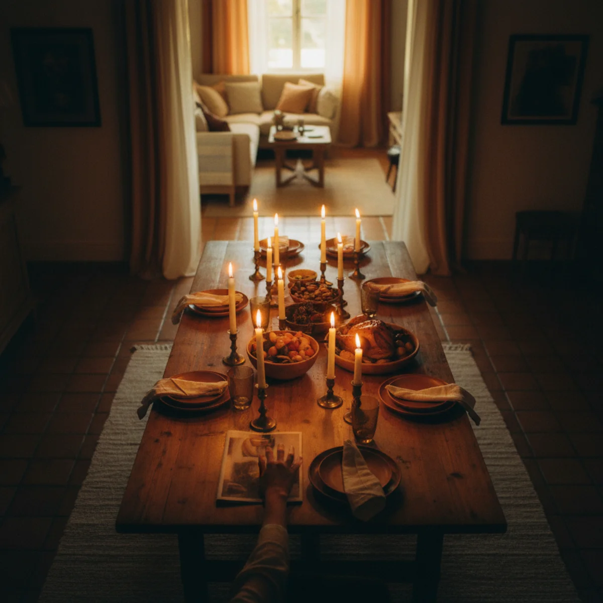Holiday table decor — holiday dining table lit primarily by twelve beeswax candles in essentially dark room with only warm lamp glow from adjacent living room creating the candlelit holiday dinner atmosphere — Home Decor Aura