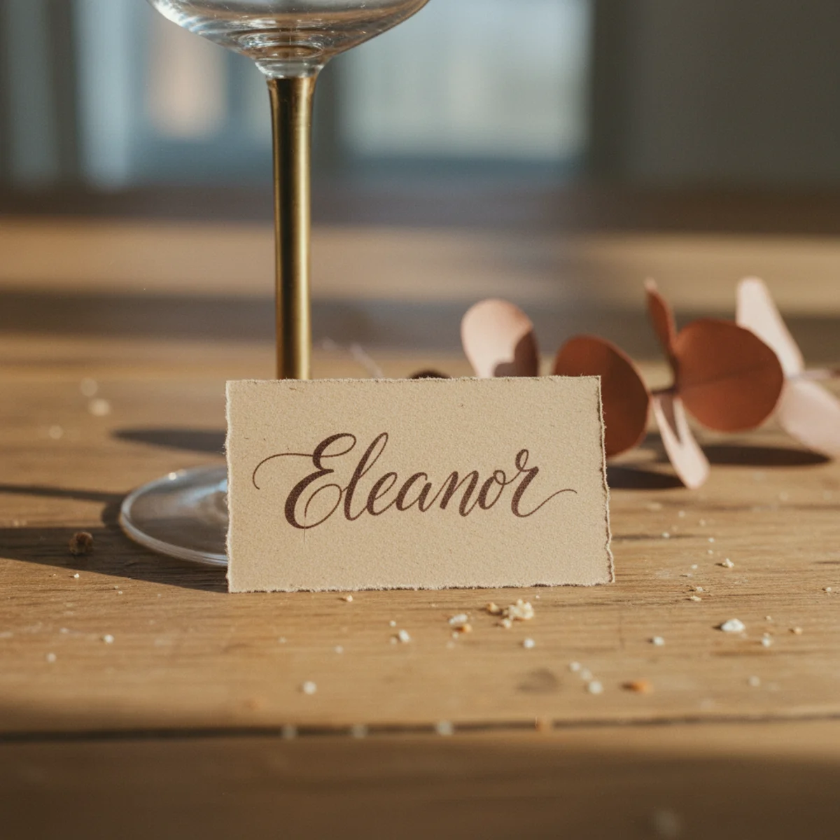 Holiday table decor — small kraft paper place card handwritten with guest name in dark ink leaning against wine glass on holiday table setting — Home Decor Aura