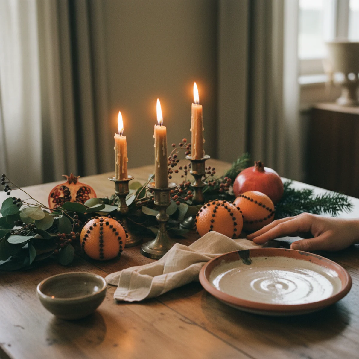Holiday table decor — fully set holiday table with rich abundance of garland, candles, pomegranates, and seasonal elements all placed with casual natural posture rather than precise arrangement — Home Decor Aura