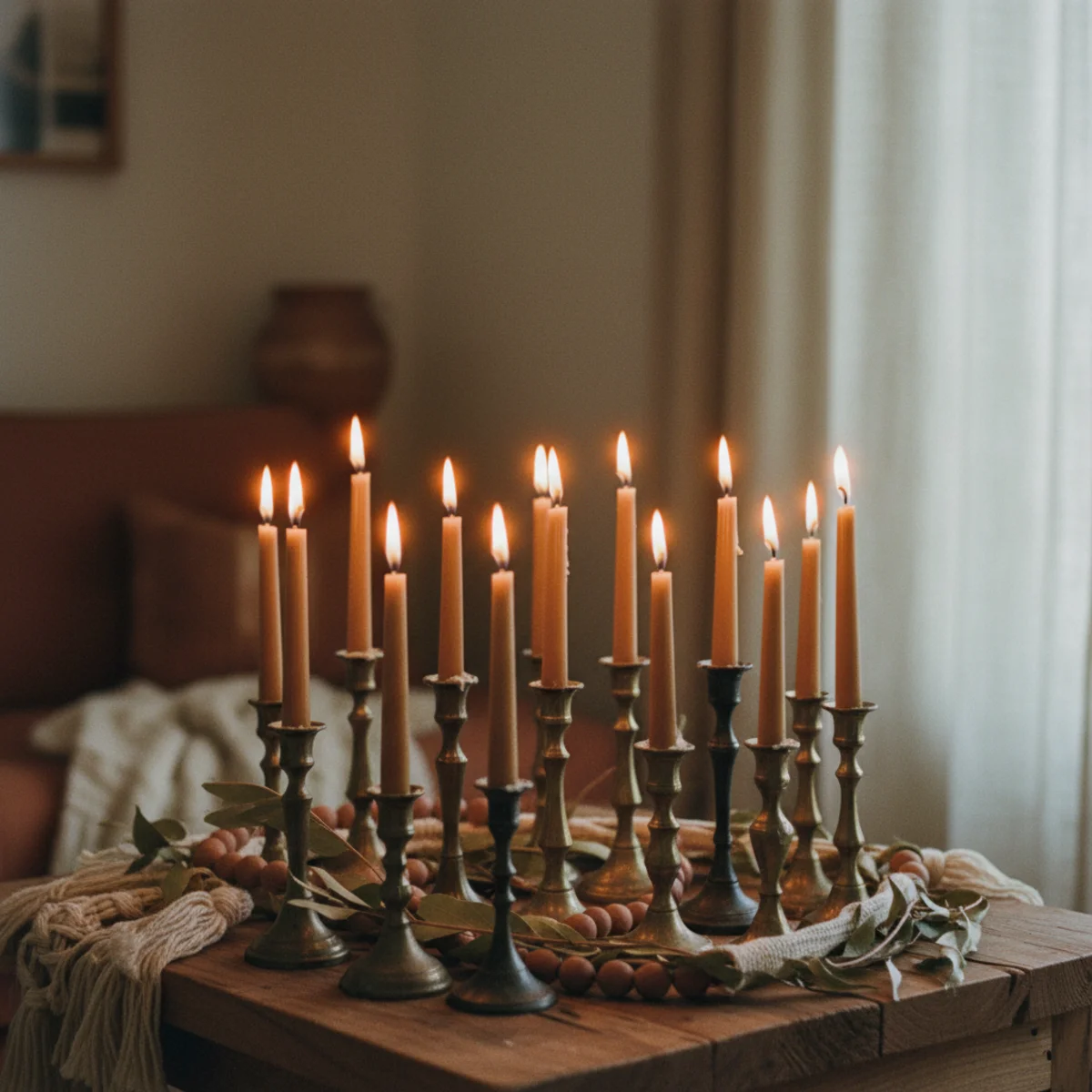 Holiday table decor — cluster of twelve beeswax taper candles in mixed vintage brass holders and five pillar candles glowing along evergreen garland on holiday dining table — Home Decor Aura