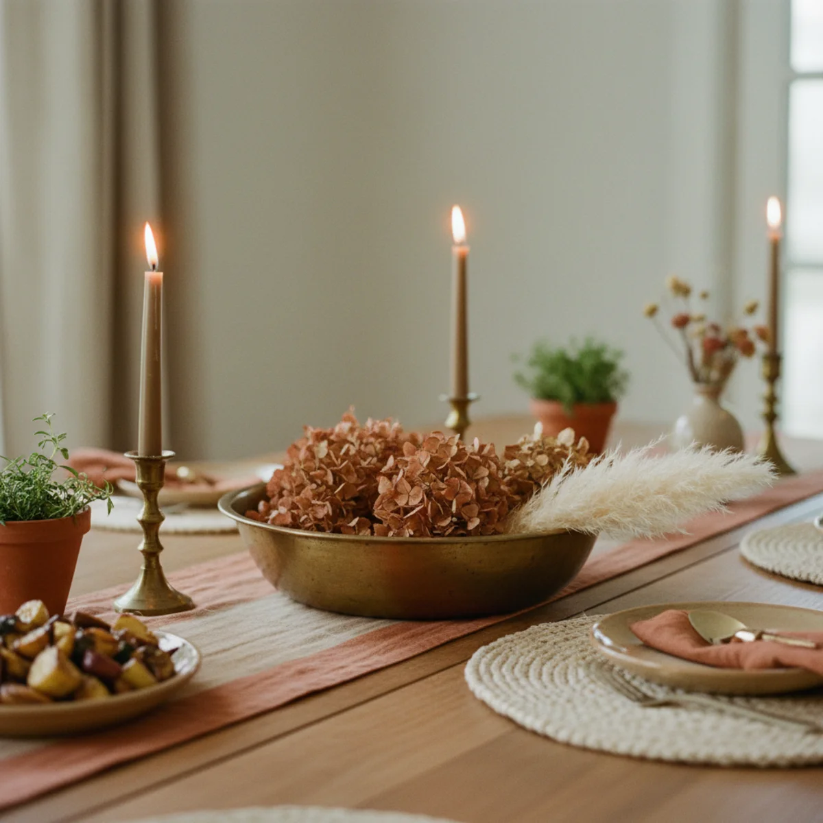 Holiday table decor — holiday dining table with all centerpiece elements below 14 inches including garland, pomegranates, pinecones, and low candles with clear sightlines across table — Home Decor Aura