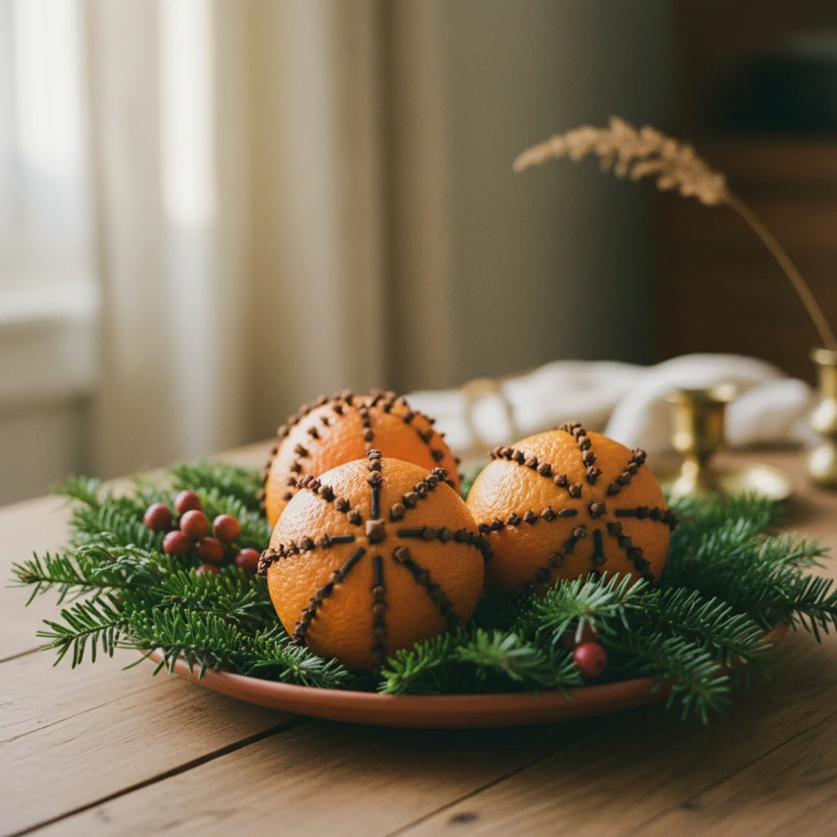 Holiday table decor — clove-studded orange pomanders nestled throughout fresh evergreen garland on holiday dining table adding warm orange color and citrus-clove fragrance — Home Decor Aura