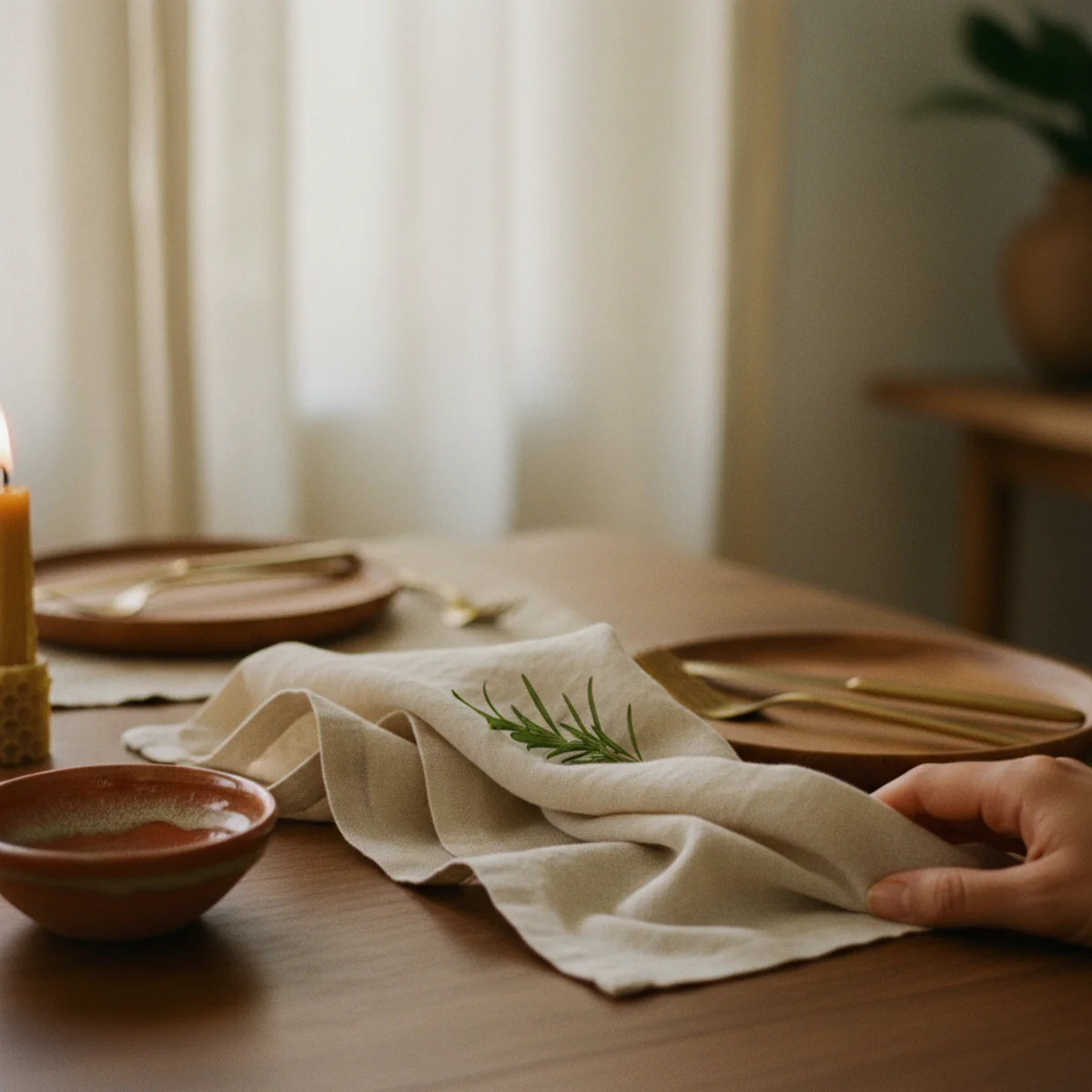 Holiday table decor — washed cream linen napkin loosely folded in half resting on holiday place setting beside stoneware plate on wooden charger — Home Decor Aura