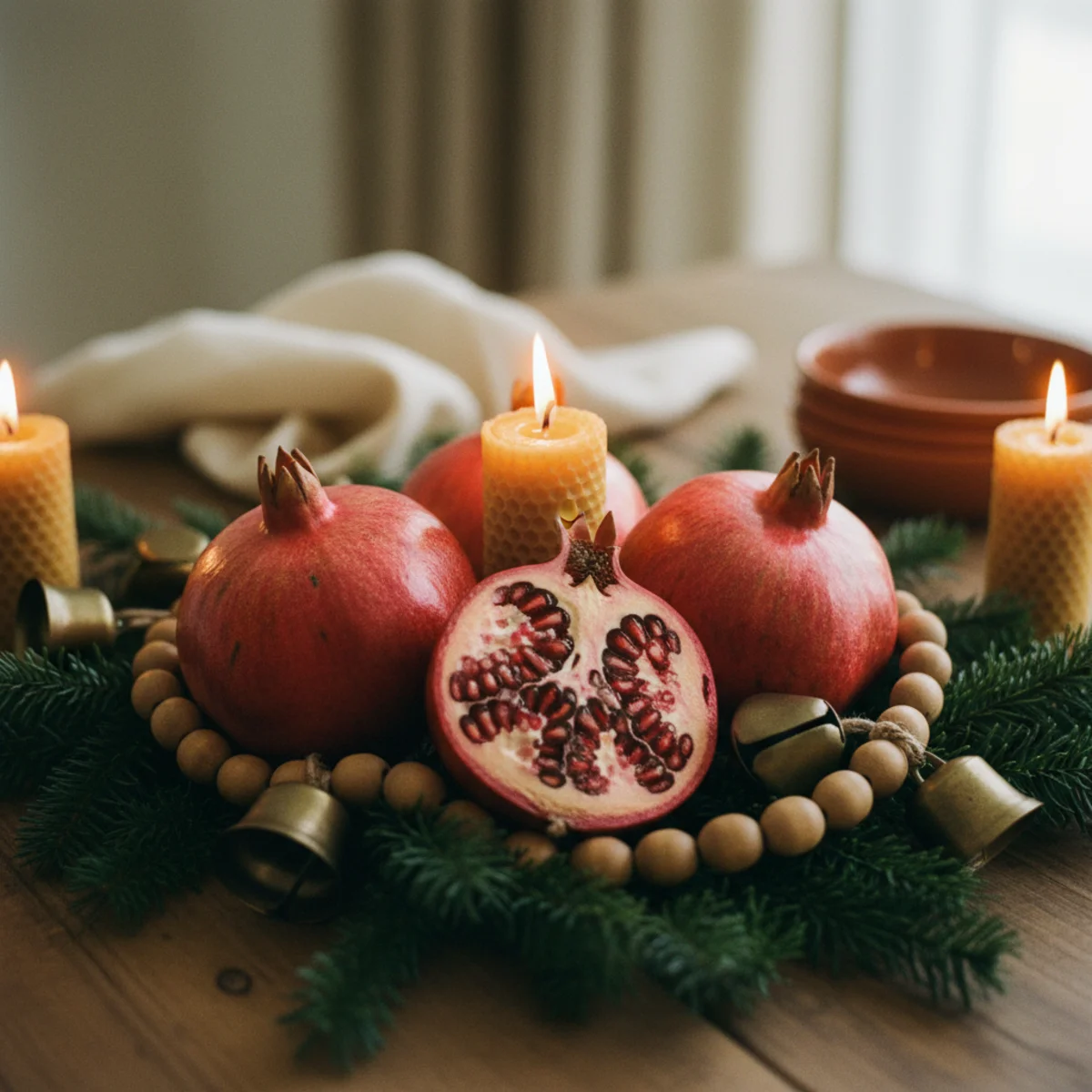 Holiday table decor — whole and halved pomegranates with ruby seeds visible nestled throughout evergreen garland on holiday table with warm candlelight — Home Decor Aura