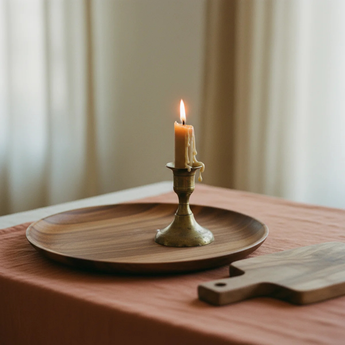 Holiday table decor — holiday place setting showing wooden charger, vintage brass candlestick, walnut serving board, and wood-handled serving utensil creating consistent warm-material language — Home Decor Aura