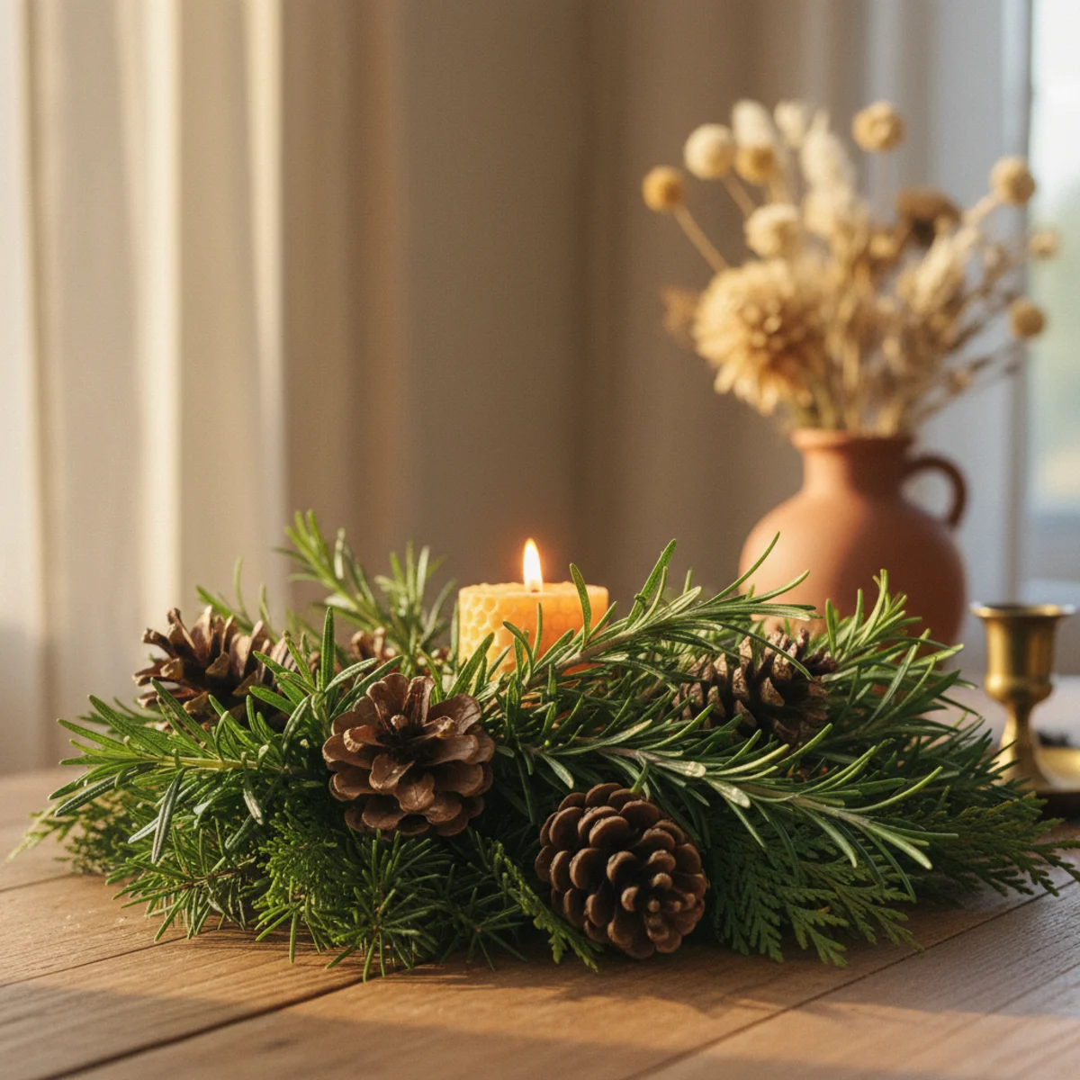 Holiday table decor — rosemary sprigs and varied pinecones tucked throughout evergreen garland on holiday table adding fragrance layers and texture contrast — Home Decor Aura