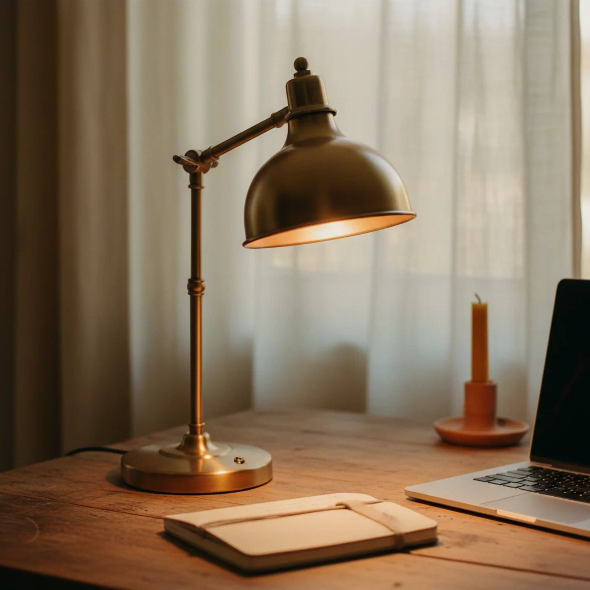 Home office ideas — brass articulating desk task lamp positioned at keyboard with warm 2700K light illuminating a laptop and notes in a warm home office — Home Decor Aura