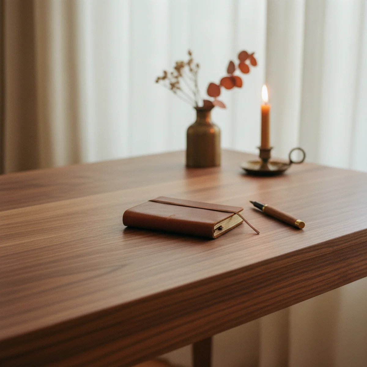 Home office ideas — vintage solid oak desk from Marketplace refinished with Danish oil and aged brass pulls in a warm home office — Home Decor Aura
