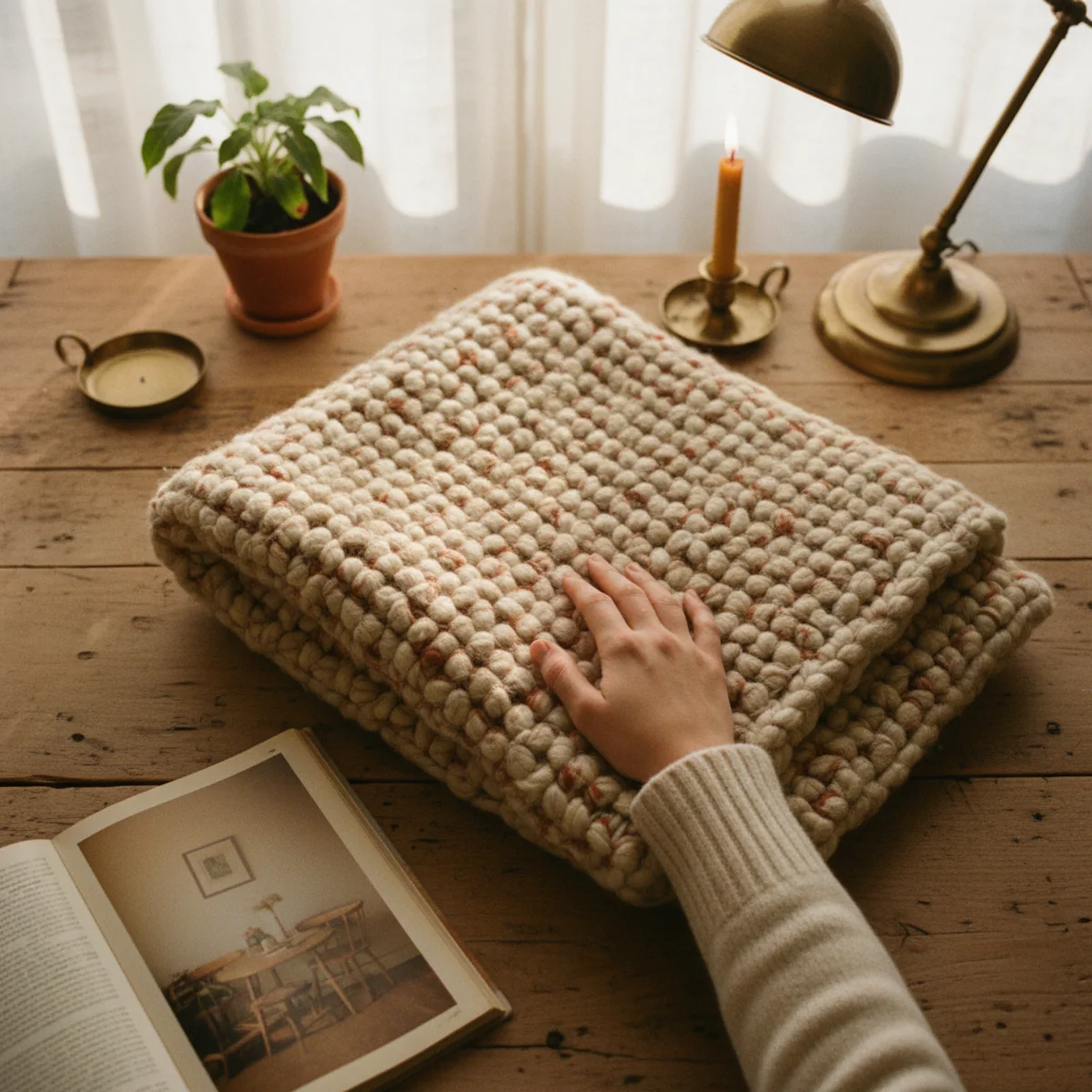 Home office ideas — wool throw in terracotta tone draped diagonally over an ergonomic office chair softening its commercial appearance in a warm home office — Home Decor Aura