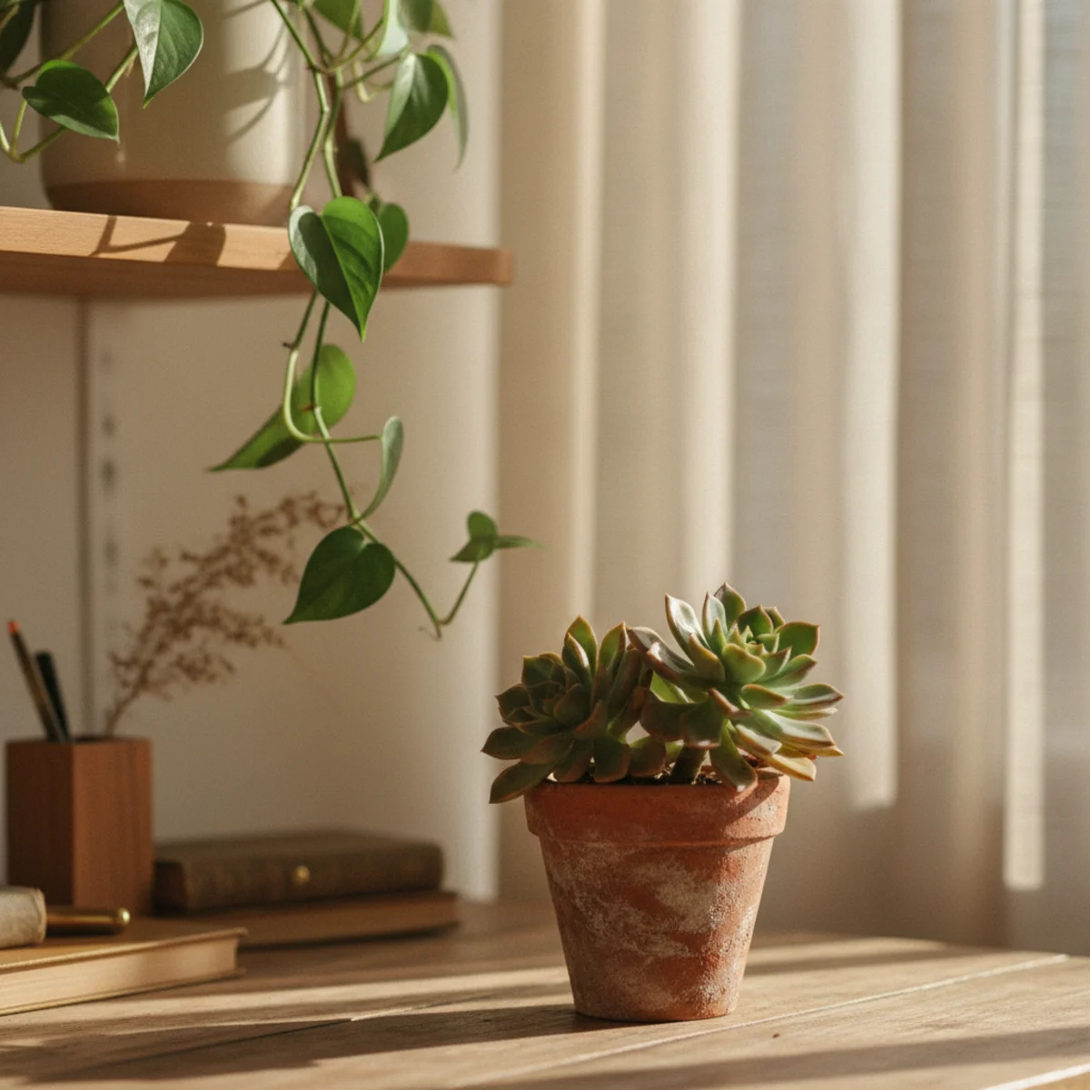 Home office ideas — snake plant and small trailing pothos positioned near a wooden desk in a warm home office with natural light from window — Home Decor Aura