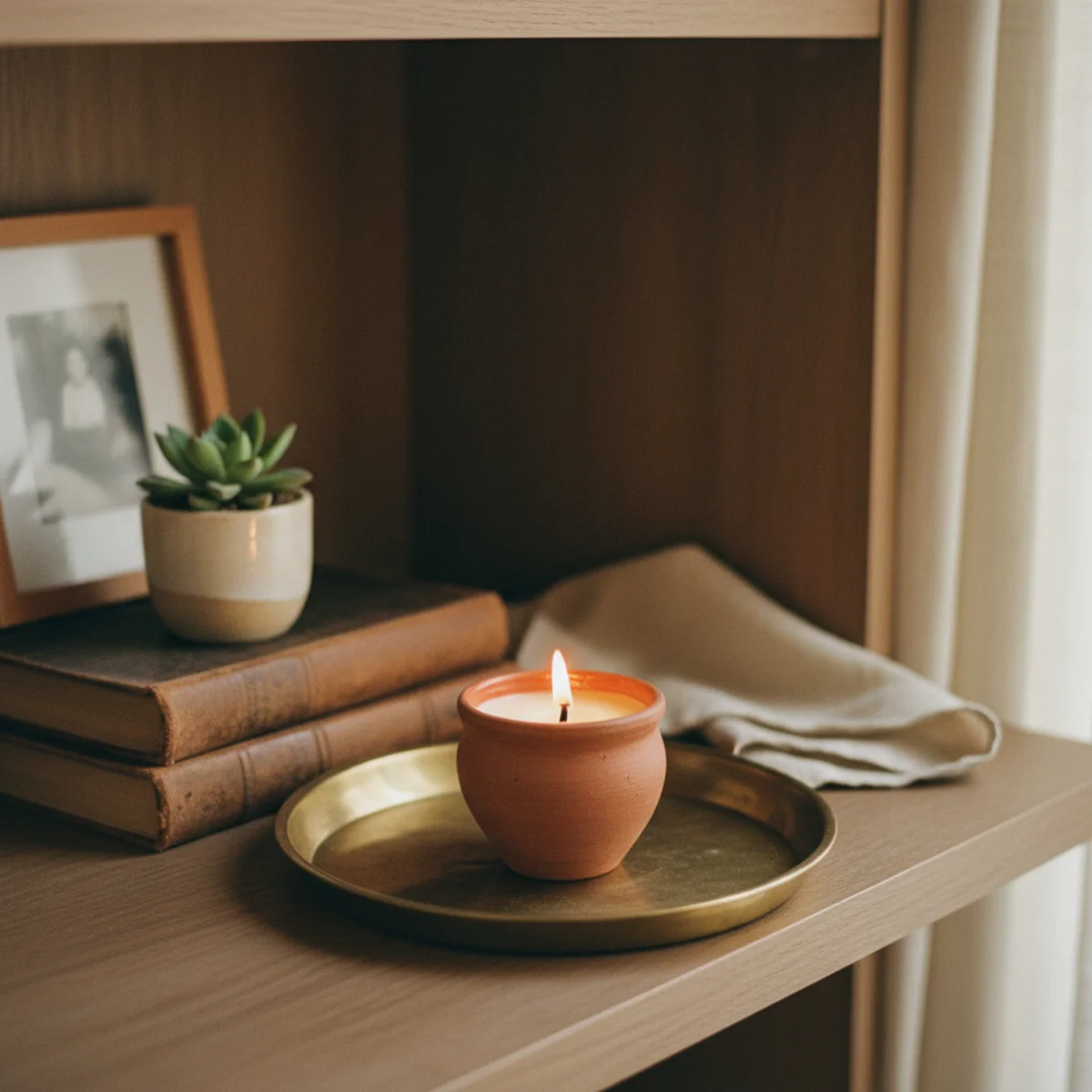 Home office ideas — floating oak shelf above wooden desk holding reference books with stripped dust jackets, small ceramics, and a single plant in a warm home office — Home Decor Aura
