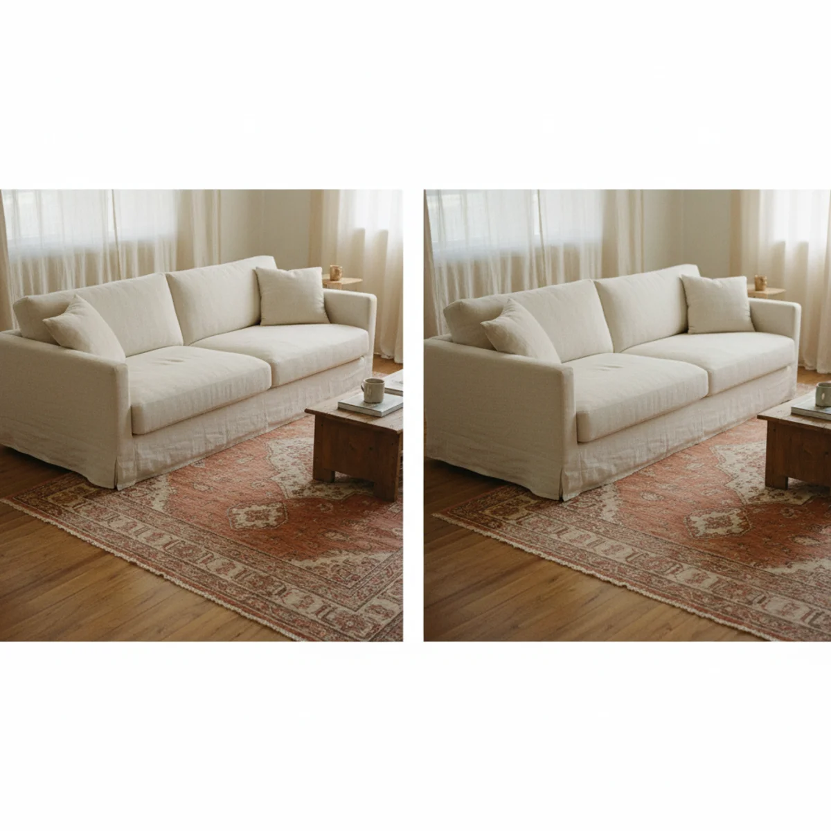 How to choose rug size — living room with all four legs of sofa and chairs on a large area rug showing correct furniture-on-rug proportion — Home Decor Aura
