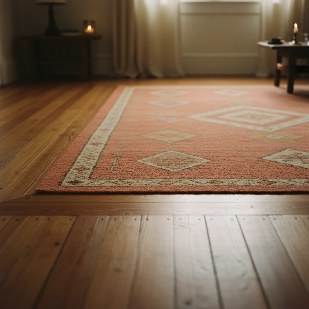 How to choose rug size — living room area rug showing 18-inch warm wood floor border on all sides establishing the rug as zone within the room — Home Decor Aura
