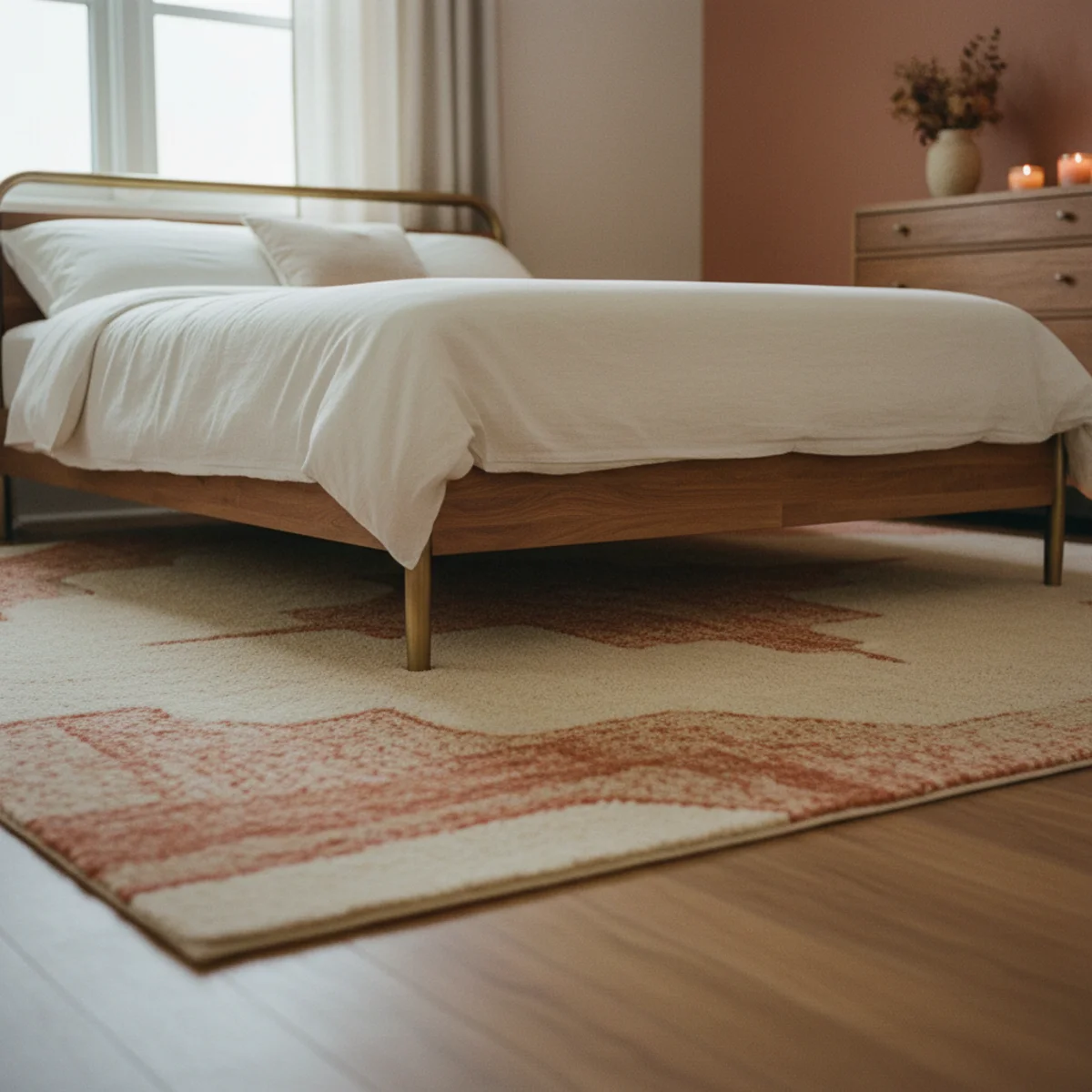 How to choose rug size — 9x12 rug under queen bed showing 24-inch extension on each side where feet land when sitting on the bed edge — Home Decor Aura