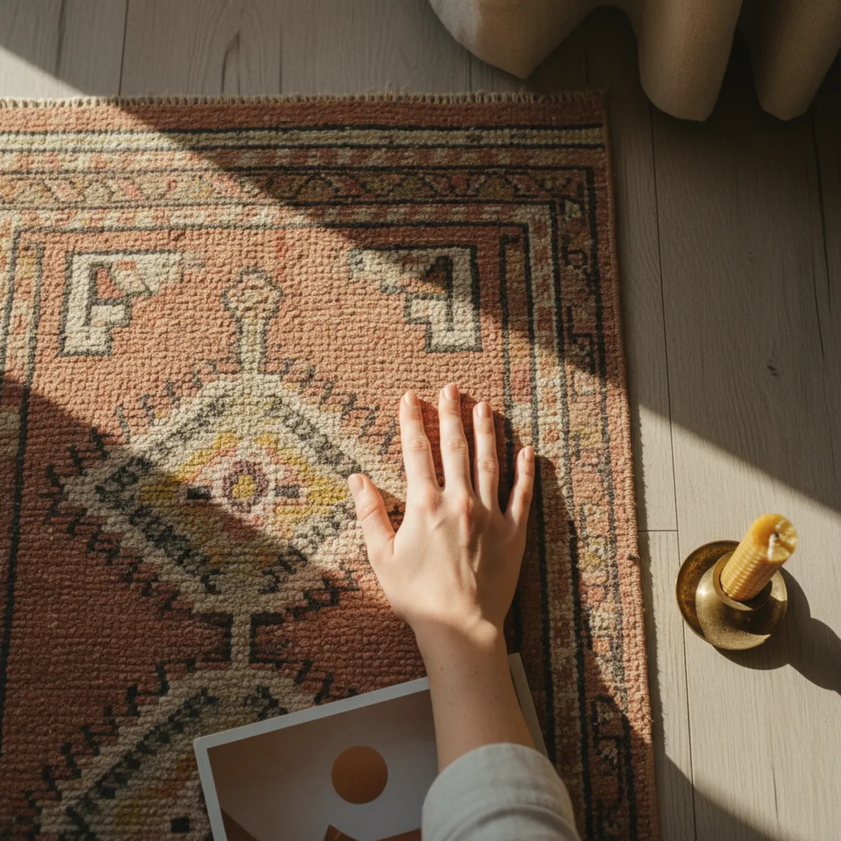 How to choose rug size — two vintage Turkish runners on each side of a bed in a bedroom showing the two-runner alternative to a large area rug — Home Decor Aura