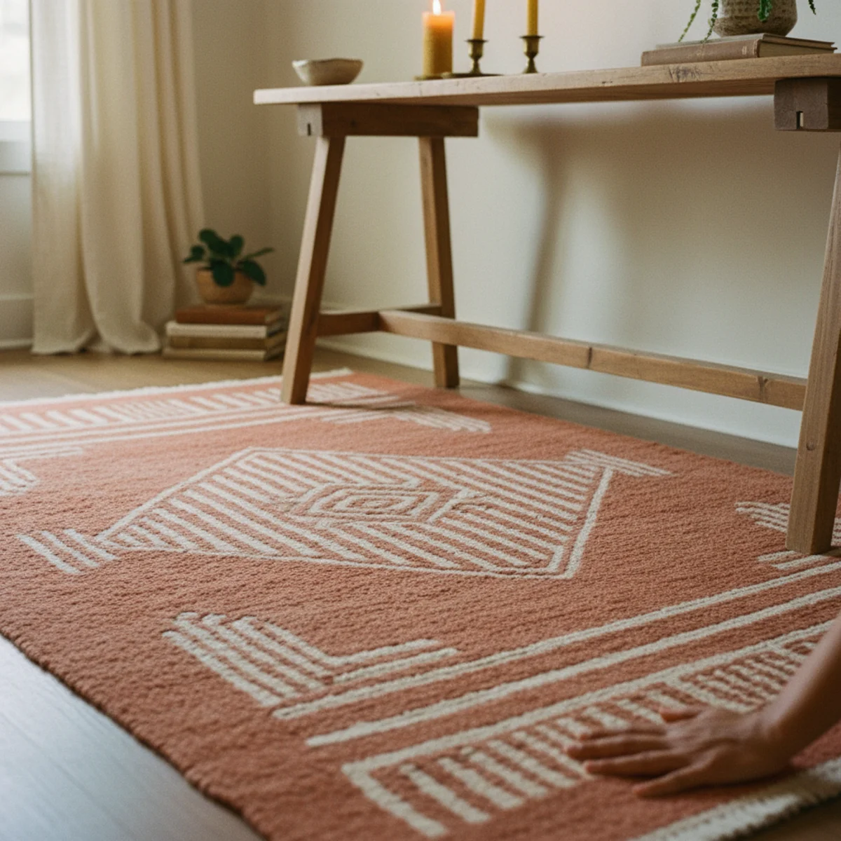 How to choose rug size — entryway with 4x6 warm wool rug filling the entryway zone with console table front legs on the rug — Home Decor Aura