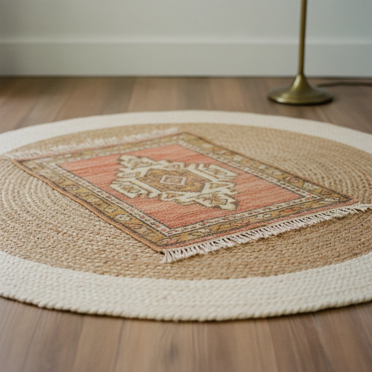 How to choose rug size — jute base rug with smaller vintage kilim layered on top showing 14-inch jute border visible as frame and the composed two-rug installation — Home Decor Aura