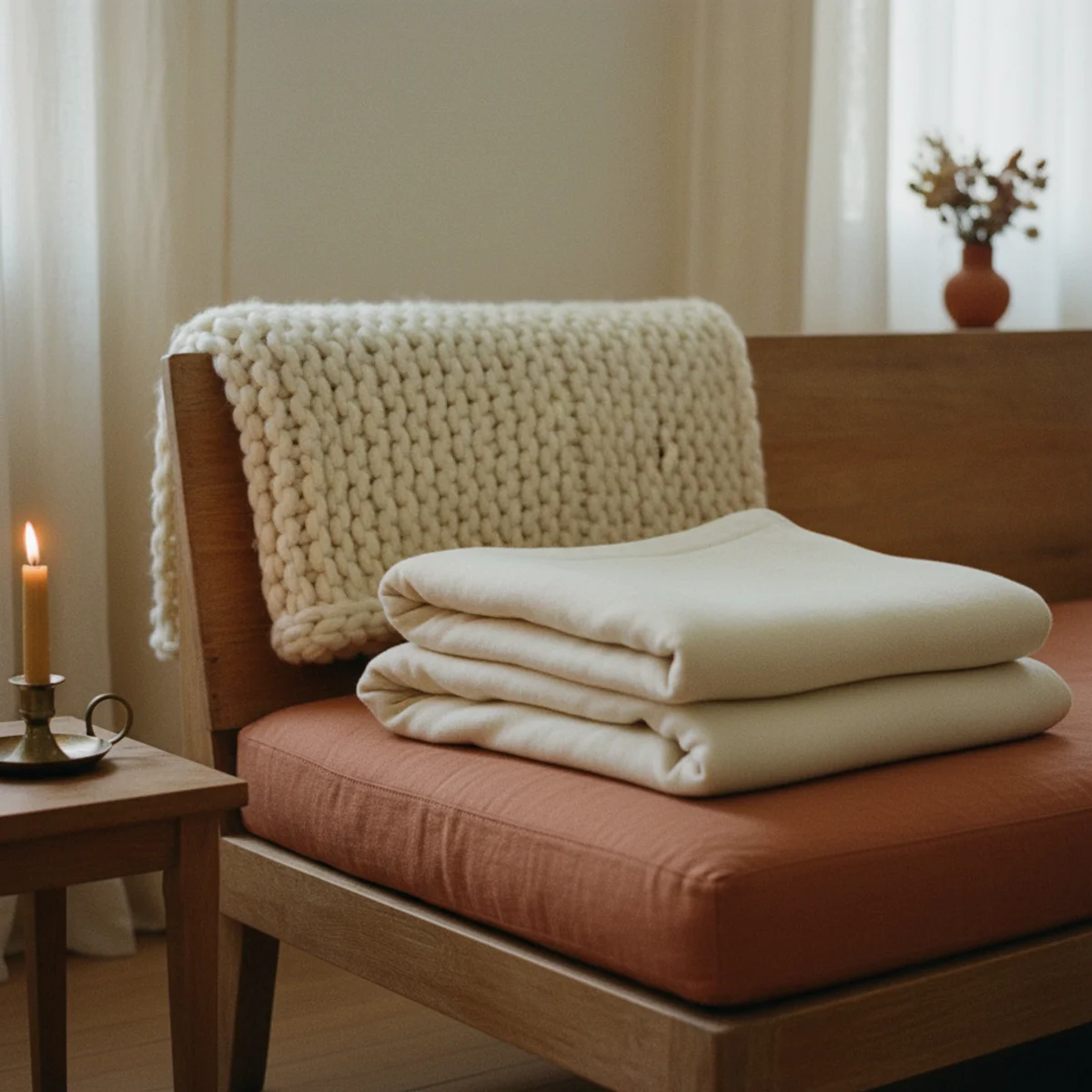 How to make room cozy winter — sofa with two contrasting throw blankets including smooth wool and chunky knit doubled across back and arm in a warm winter living room — Home Decor Aura