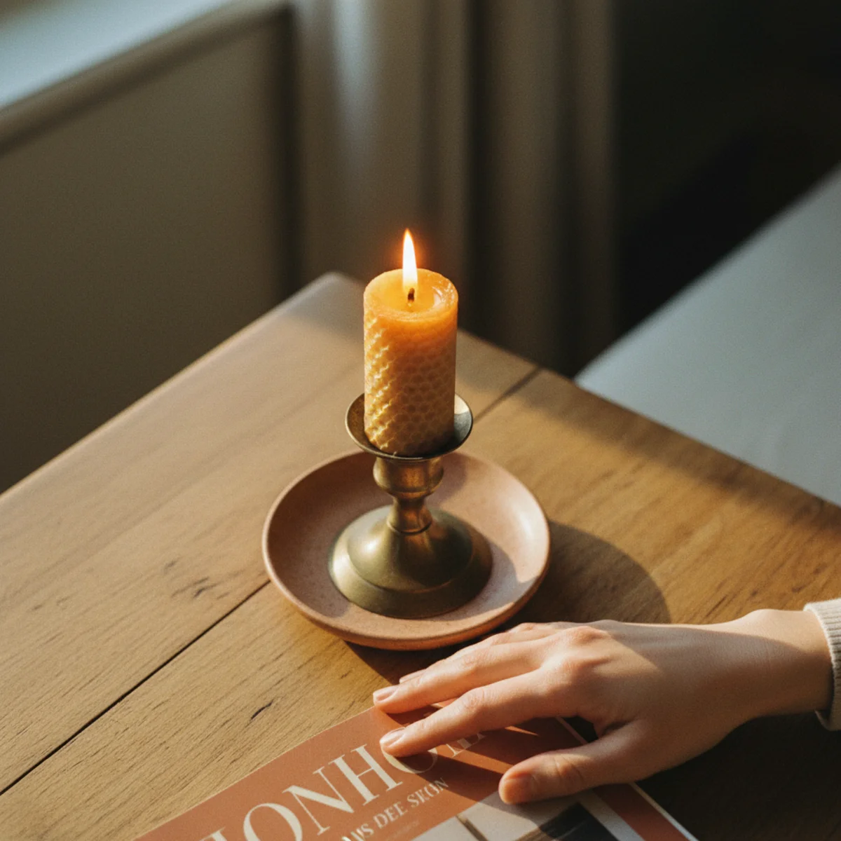 How to make room cozy winter — cluster of six existing candles including pillars and tapers grouped on a walnut cutting board on a coffee table lit by 4:30pm winter afternoon — Home Decor Aura