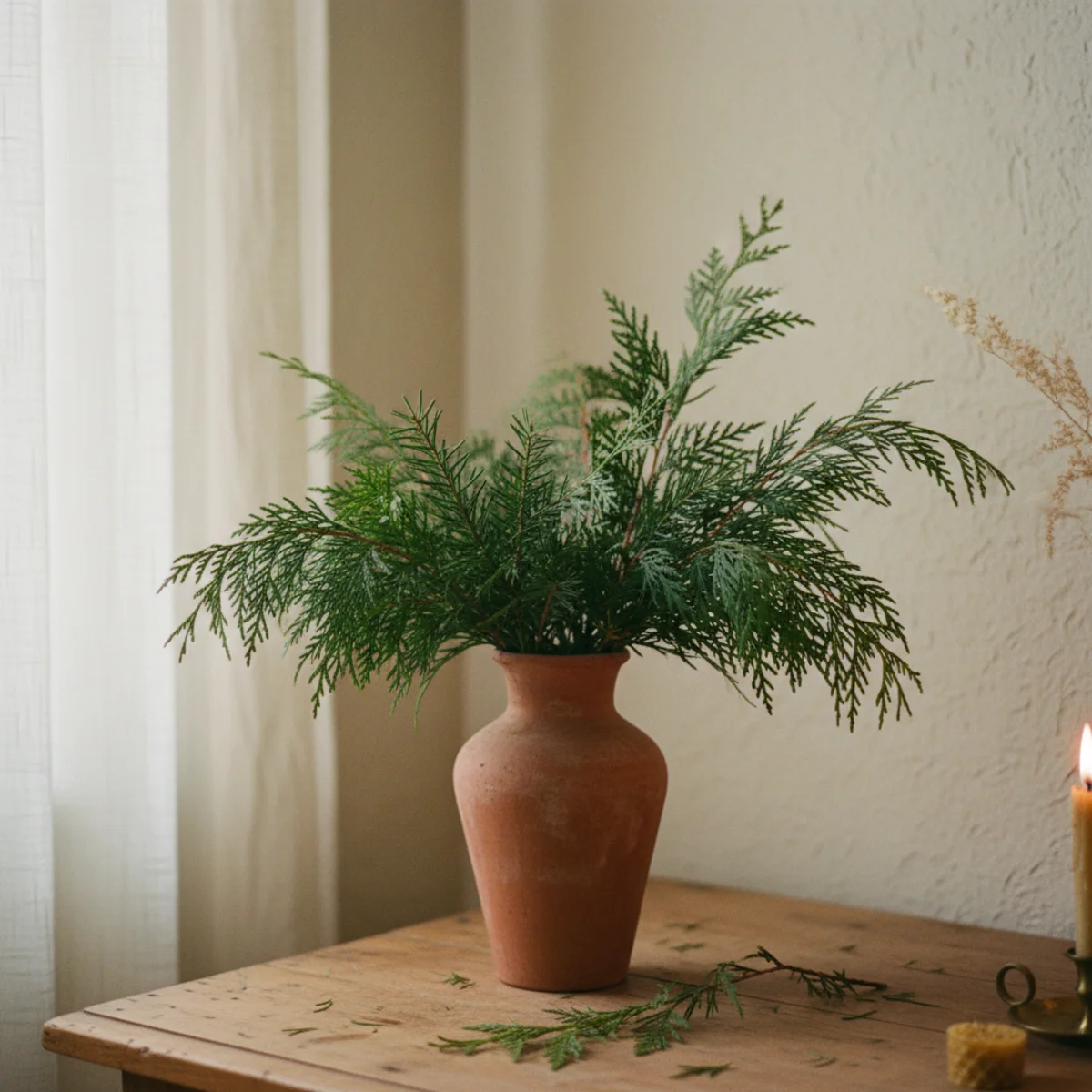 How to make room cozy winter — tall heavy ceramic vase with mixed pine, cedar, and silver dollar eucalyptus branches positioned on a console in a warm winter living room — Home Decor Aura