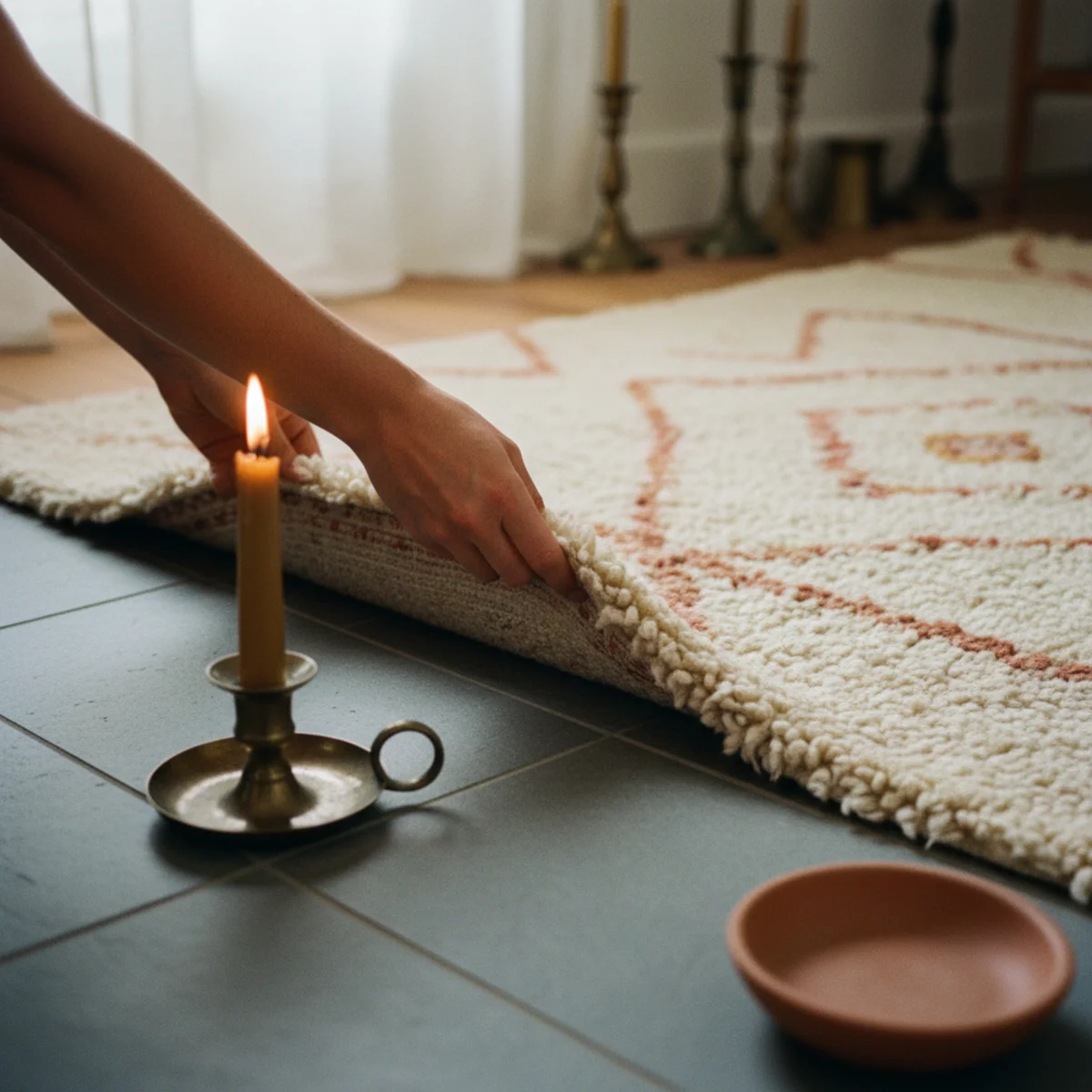 How to make room cozy winter — small wool rug between kitchen sink and island plus sheepskin in front of bathroom sink adding textile warmth to previously bare cold winter floors — Home Decor Aura