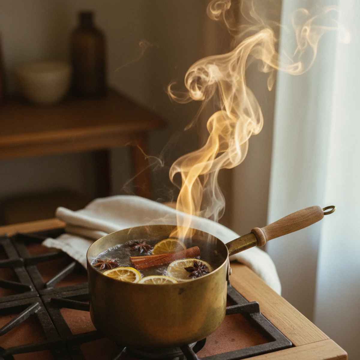 How to make room cozy winter — small pot simmering on stovetop with orange peels, lemon peels, cinnamon sticks, cloves, and star anise filling a warm winter kitchen with natural scent — Home Decor Aura