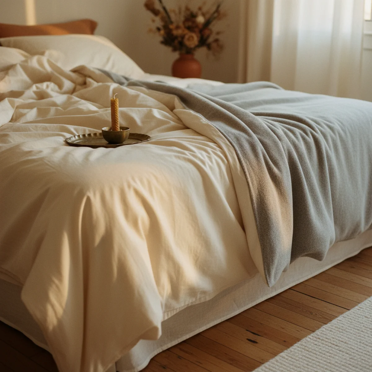 How to make room cozy winter — bed made with cream flannel sheets in a warm winter bedroom with wool throw at foot during cold winter night — Home Decor Aura