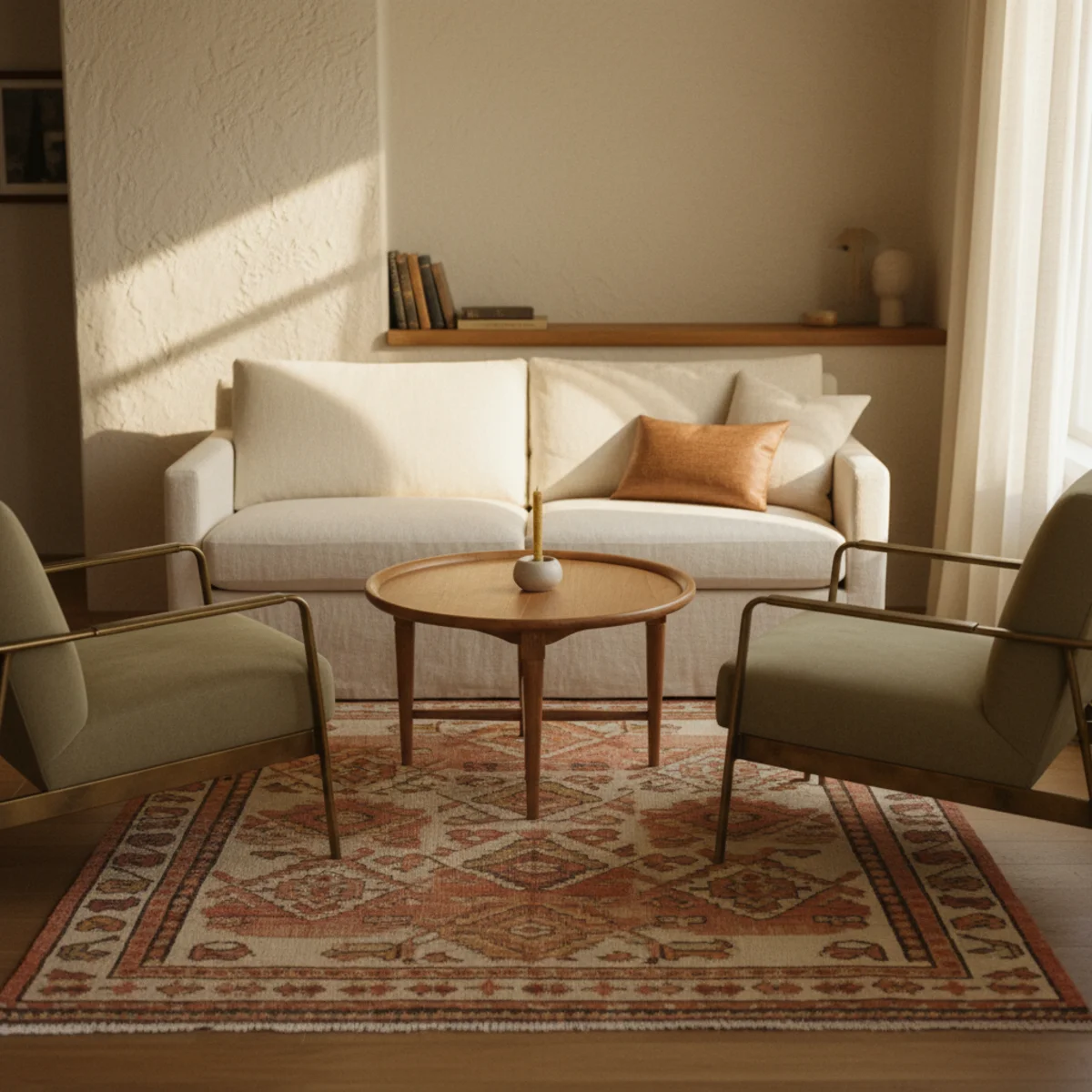 How to make a small room cozy — small living room with one well-sized vintage Turkish rug anchoring the seating arrangement showing single-rug zone definition — Home Decor Aura