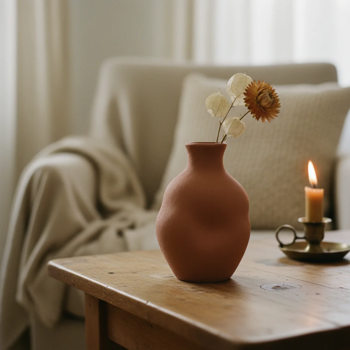 How to make a small room cozy — small bedroom with three textures visible: linen pillow, wool throw on chair, terracotta pot on shelf showing restrained small-room texture layering — Home Decor Aura