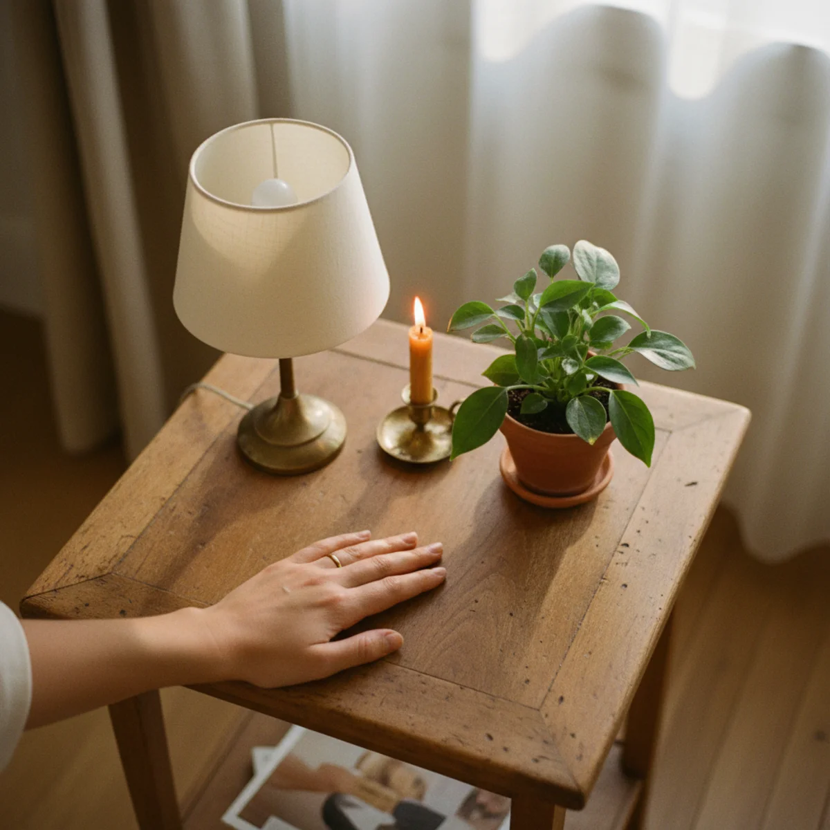 How to make a small room cozy — small room with mostly clear surfaces showing 2-3 objects per surface with visible space between creating the intentional warmth close viewing distances require — Home Decor Aura