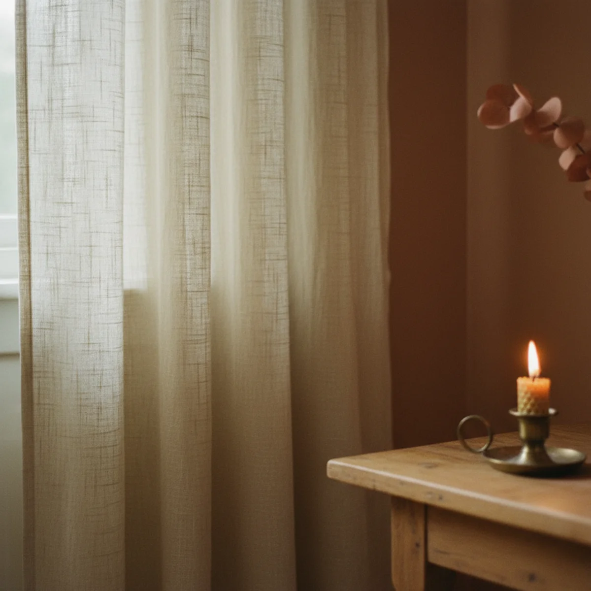 How to make a small room cozy — small room with curtain rod mounted 5 inches below ceiling showing how full-height natural linen panels make the room read taller — Home Decor Aura
