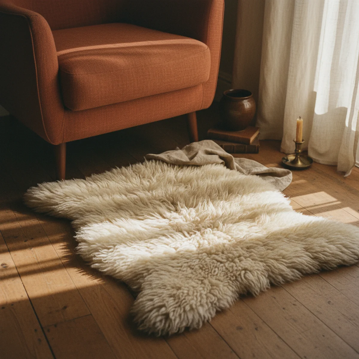 How to make a small room cozy — sheepskin positioned beside the bed where feet land in the morning showing the warm underfoot sensory element in a small bedroom — Home Decor Aura