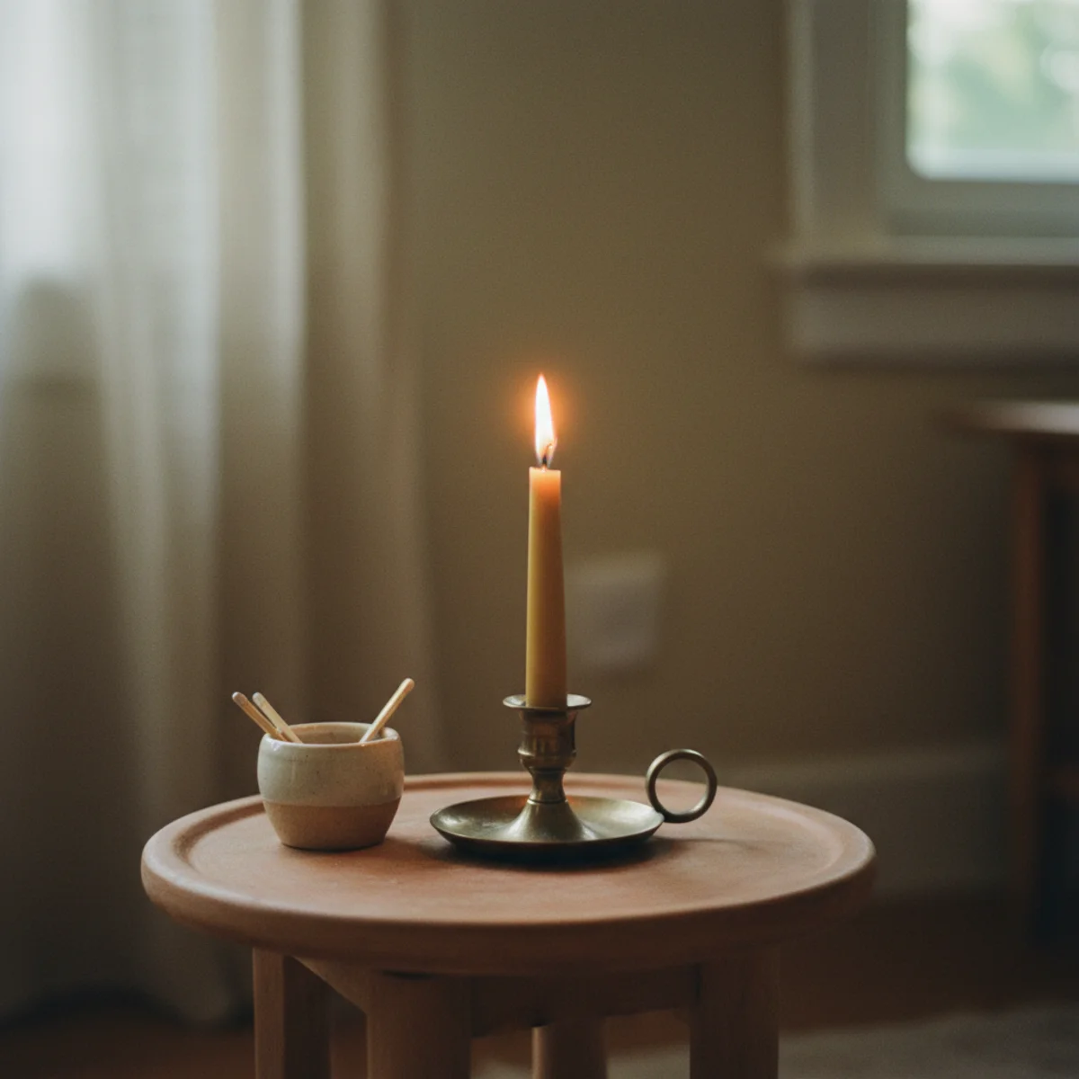 How to make a small room cozy — single beeswax candle in brass holder glowing in a small room at evening showing the warm close-range flame experience that small room proximity enables — Home Decor Aura