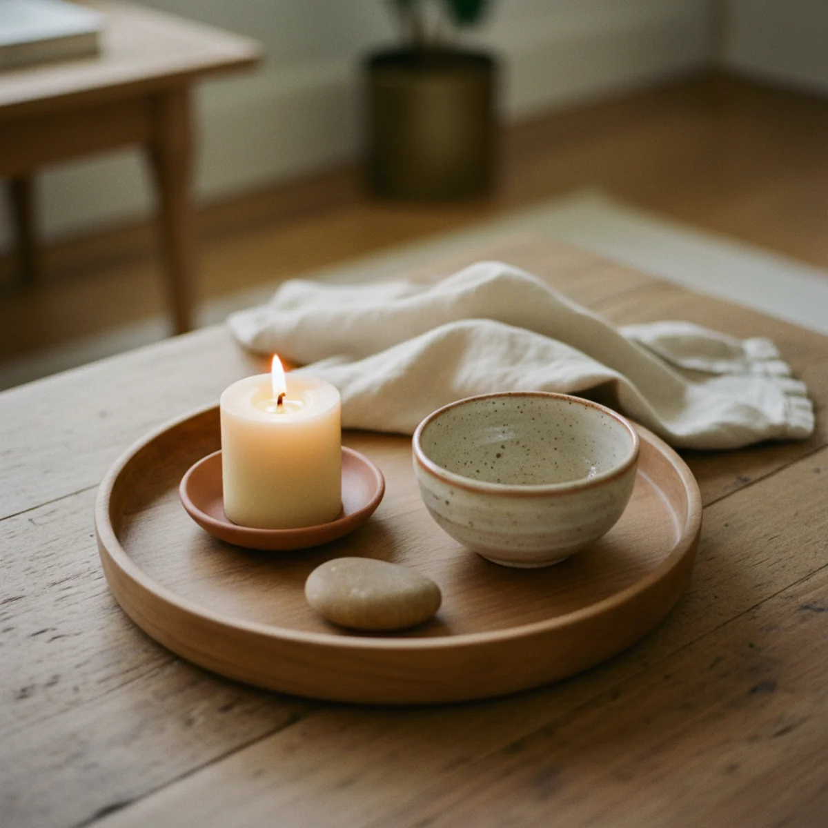 How to style a coffee table — oiled walnut tray on one half of a coffee table containing styled vignette with the other half left clear for daily use — Home Decor Aura