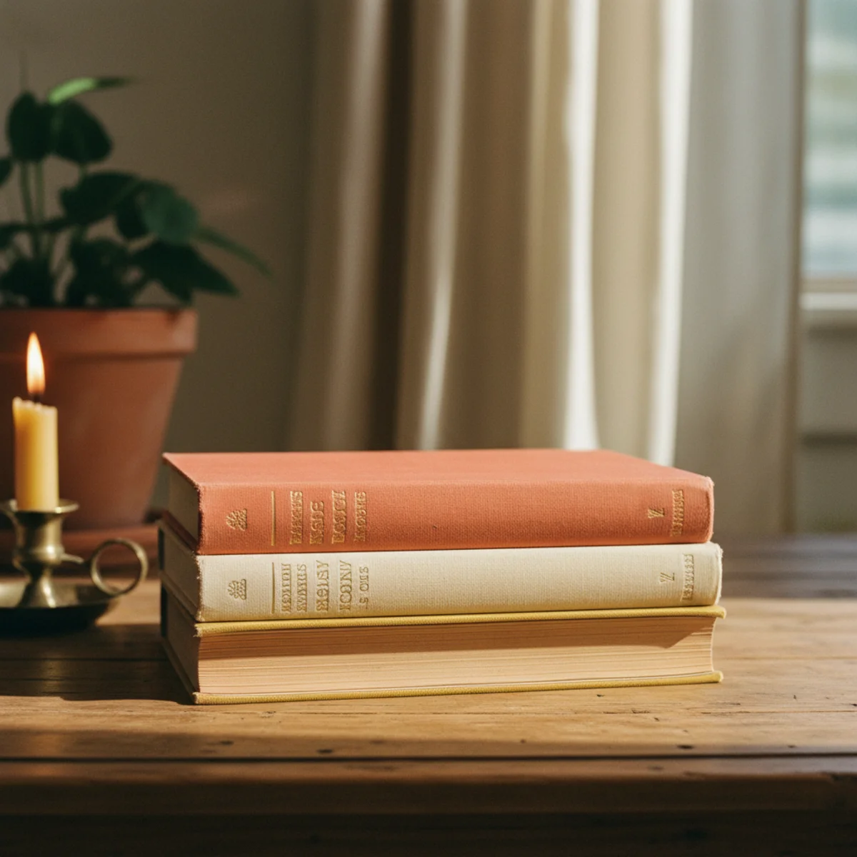 How to style a coffee table — stack of four hardcover coffee-table books with dust jackets stripped showing cloth bindings inside a walnut tray on a warm coffee table — Home Decor Aura