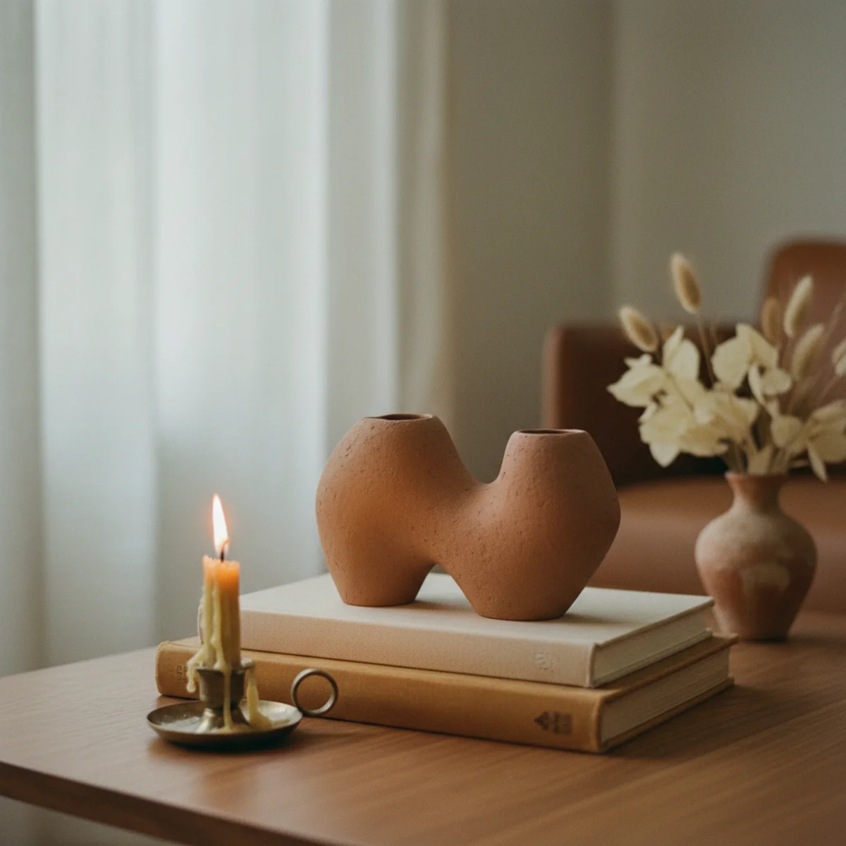 How to style a coffee table — hand-thrown stoneware vessel placed on top of a stack of hardcover books inside a walnut tray as the focal anchor of the vignette — Home Decor Aura