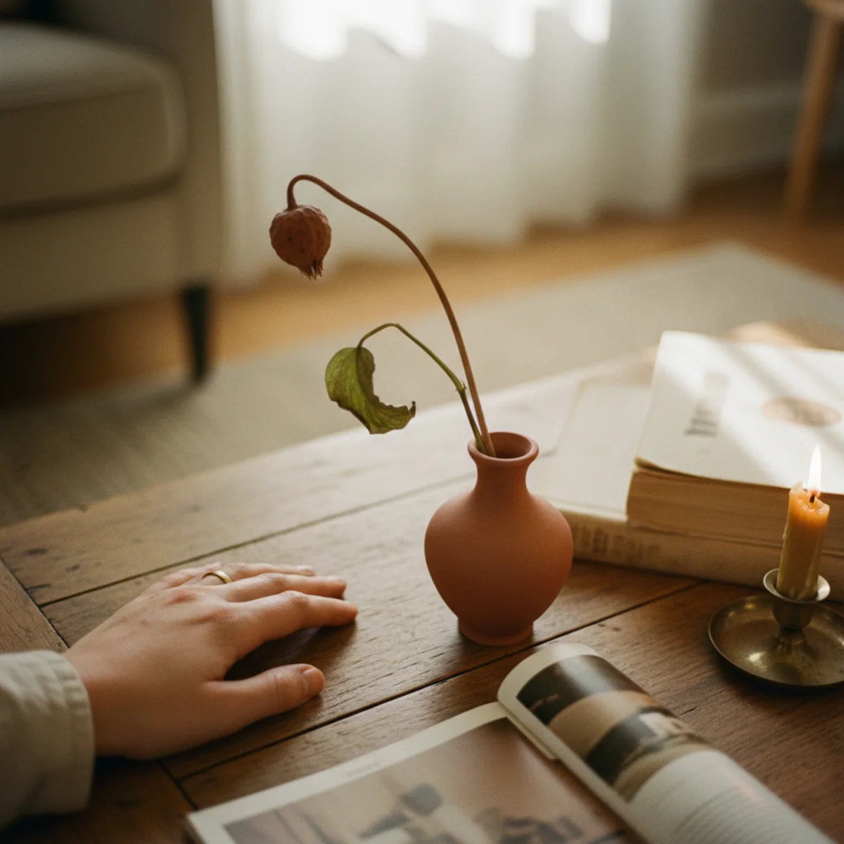 How to style a coffee table — small succulent in ceramic pot beside a stack of books inside a walnut tray on a warm coffee table — Home Decor Aura