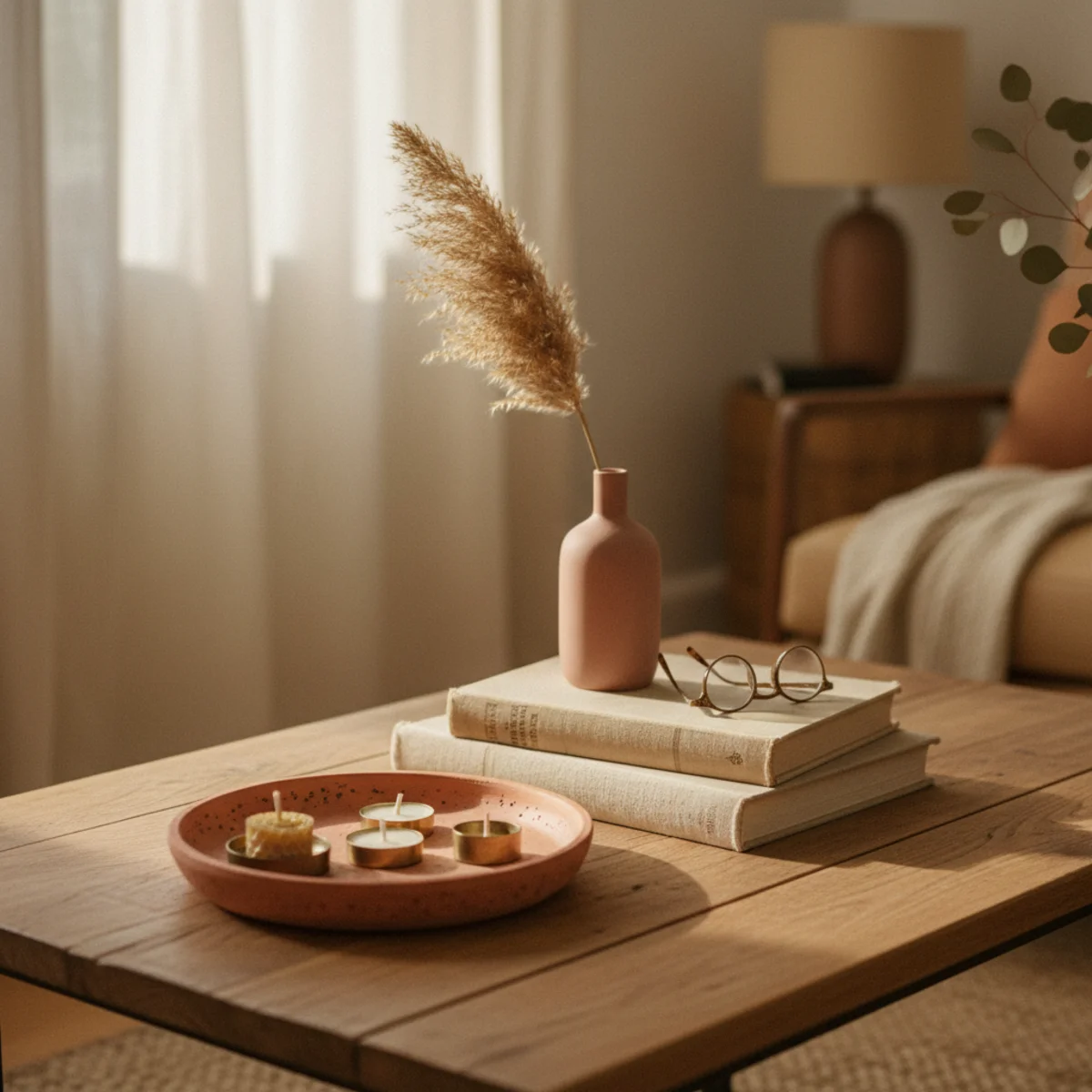 How to style a coffee table — vignette with varied heights showing tall sculptural vessel on book stack, medium bud vase with stem, and small ceramic dish at table level — Home Decor Aura