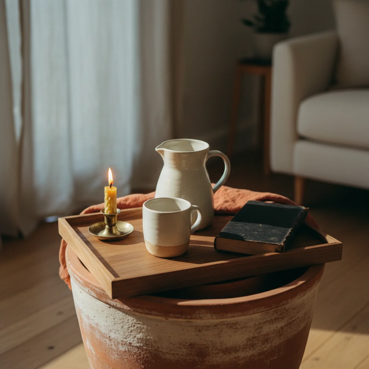How to style a coffee table — coffee-table vignette with all objects in tight warm-home palette of cream, oat, walnut, and aged brass — Home Decor Aura