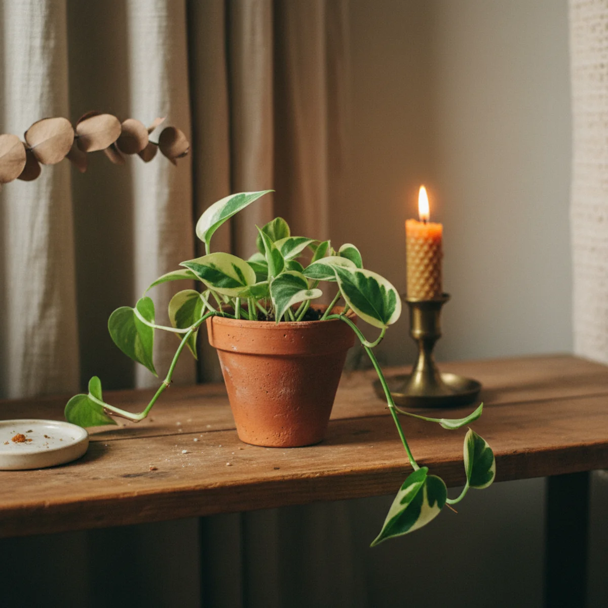 Hygge living room — Danish-style living room with pilea peperomioides on console, snake plant beside sofa, small olive tree in corner, and herbs visible on windowsill in a warm hygge interior — Home Decor Aura