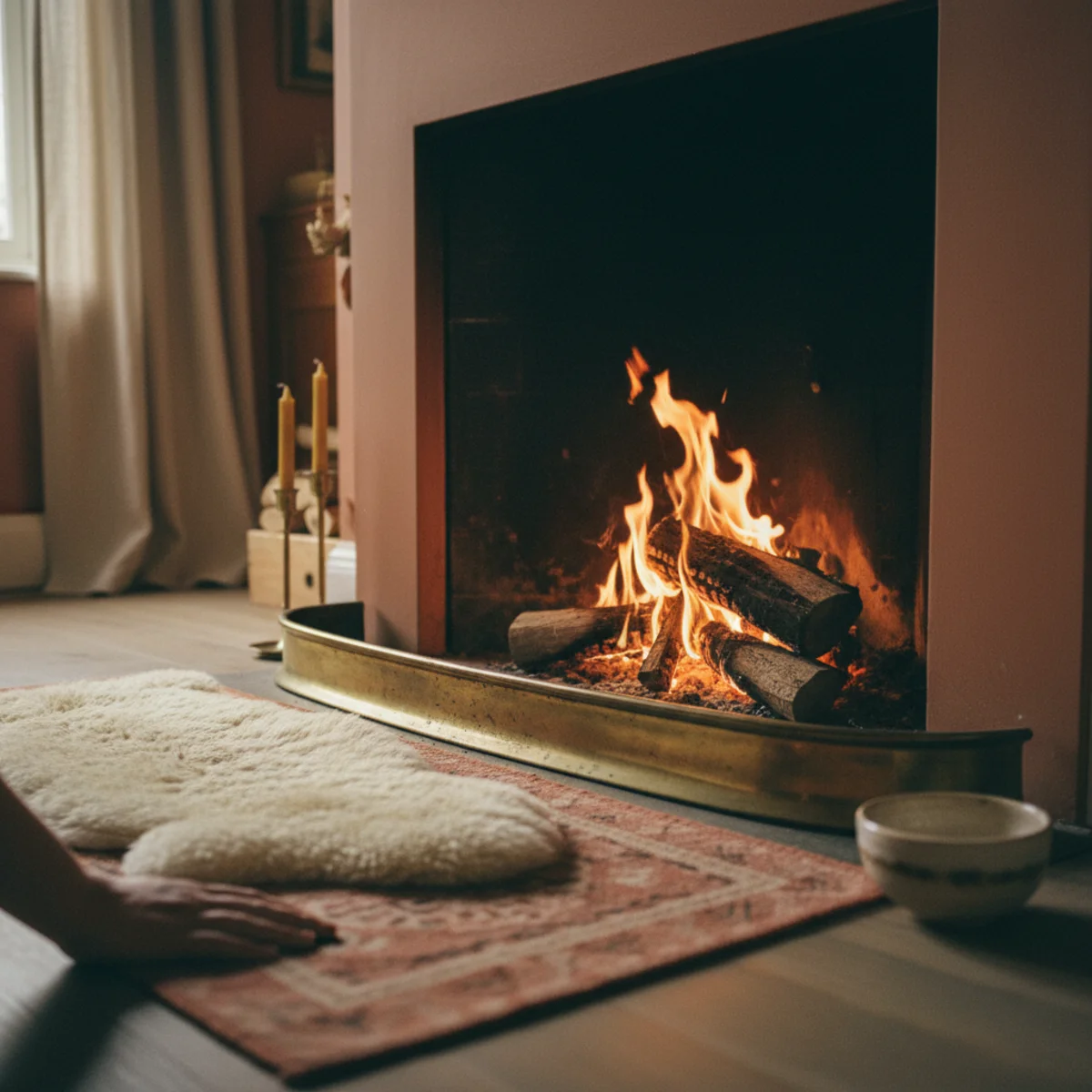 Hygge living room — Danish-style living room with real wood-burning fireplace lit and crackling during evening hours with seating gathered around in a warm hygge interior — Home Decor Aura