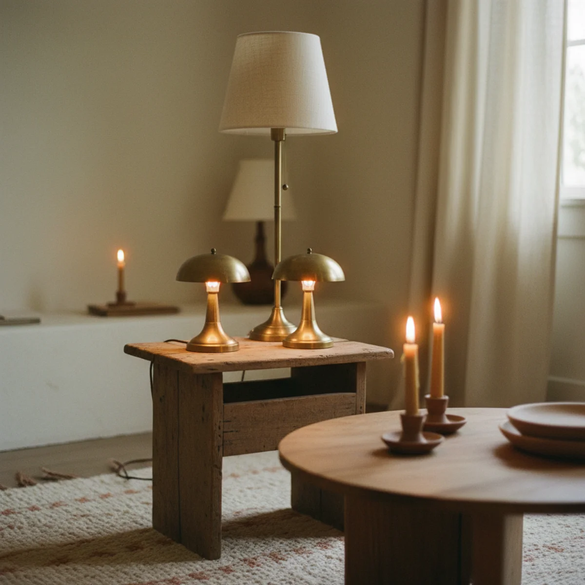 Hygge living room — Danish-style living room with five distinct warm light sources including two table lamps, floor lamp, wall sconce, and pendant all glowing 2700K across the room creating atmospheric distributed light — Home Decor Aura