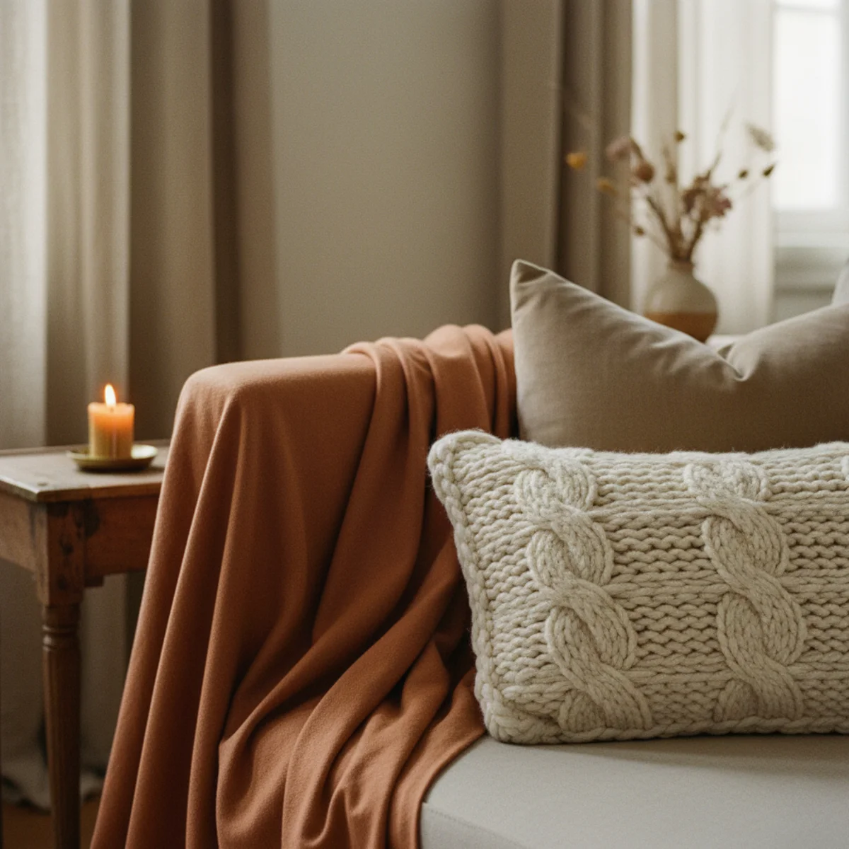 Hygge living room — Danish-style living room with sheepskin draped diagonally over armchair, wool throws on sofa, mixed-texture cushions, and chunky knit throw in a warm hygge interior — Home Decor Aura