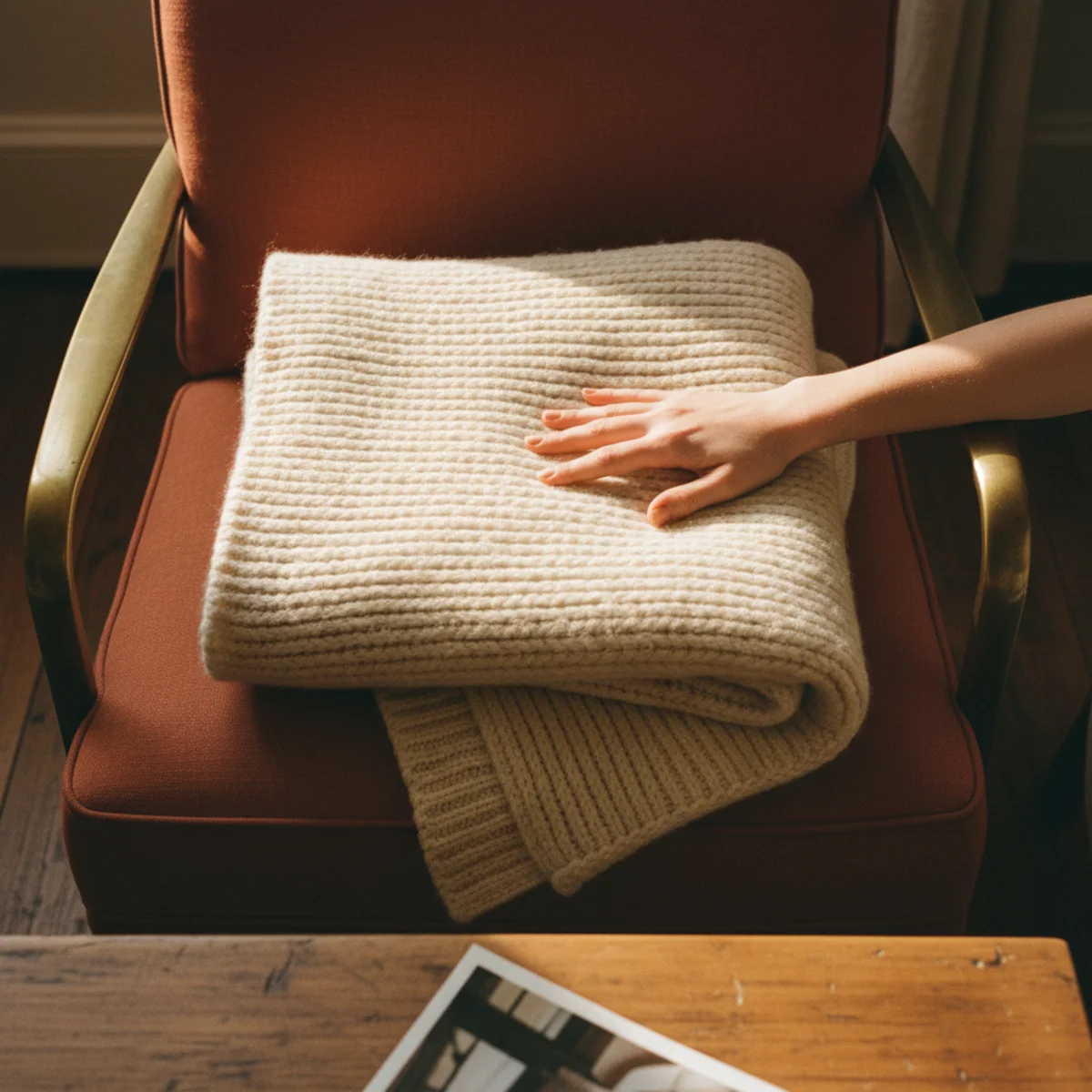 Hygge living room — Danish-style living room with throws draped within arm's reach of every seat including sofa both ends, armchair back, and small side table by reading chair in a warm hygge interior — Home Decor Aura