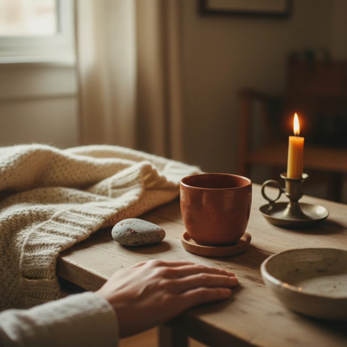 Hygge living room — Danish-style living room showing natural materials including oak floors, wool throws, linen cushions, leather pouf, ceramic vessels, brass candleholders, and jute basket all in one warm hygge interior — Home Decor Aura