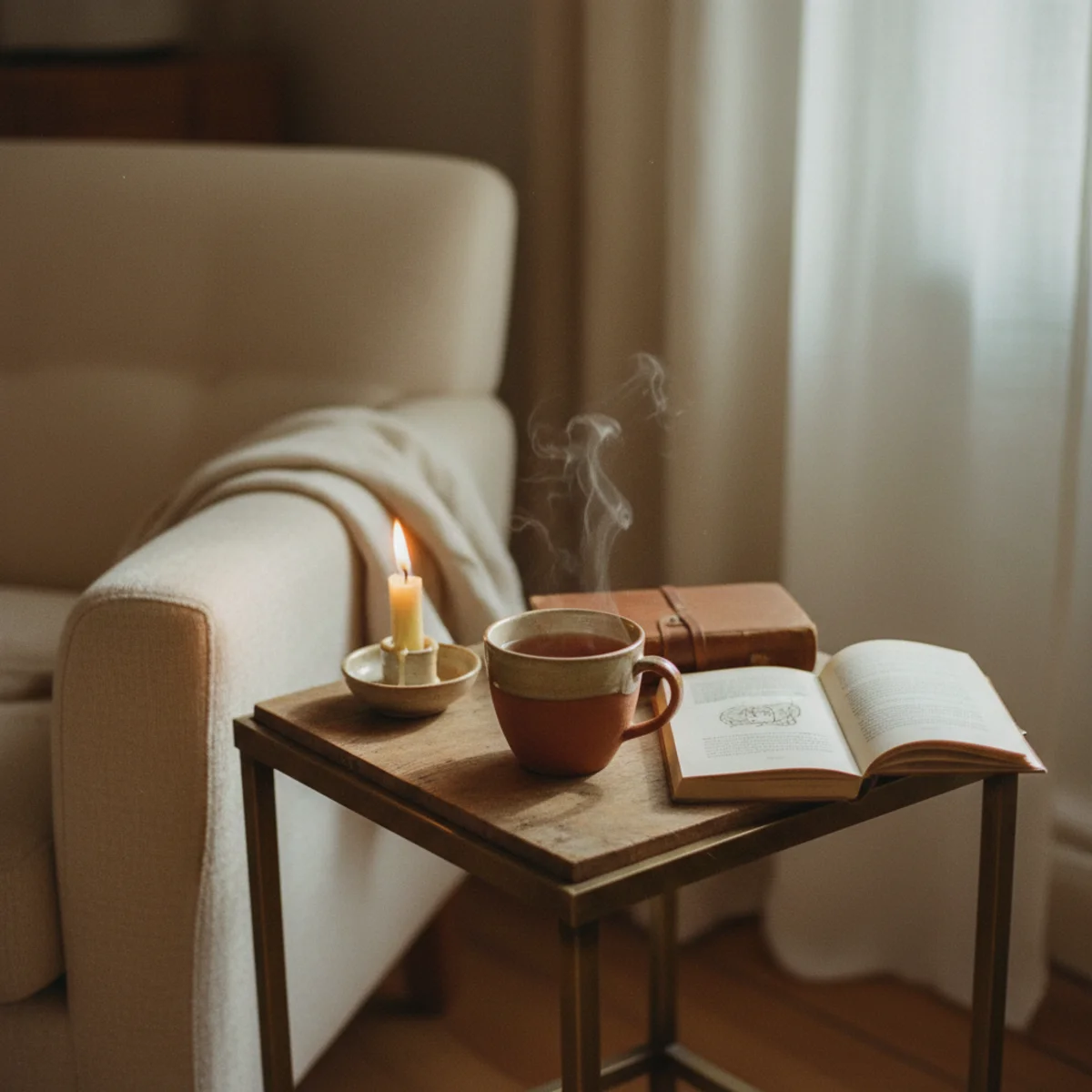Hygge living room — Danish-style living room with wooden tray on coffee table holding handmade ceramic mugs of tea, small jar of honey, and warm-light setup beside lit candles in a warm hygge interior — Home Decor Aura