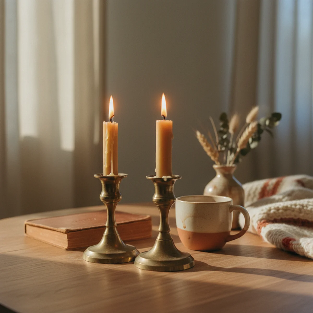 Hygge living room — Danish-style living room showing genuine lived-in disorder including slightly mussed cushions, half-folded throw on sofa, current book on side table, and half-finished tea in a warm hygge interior — Home Decor Aura