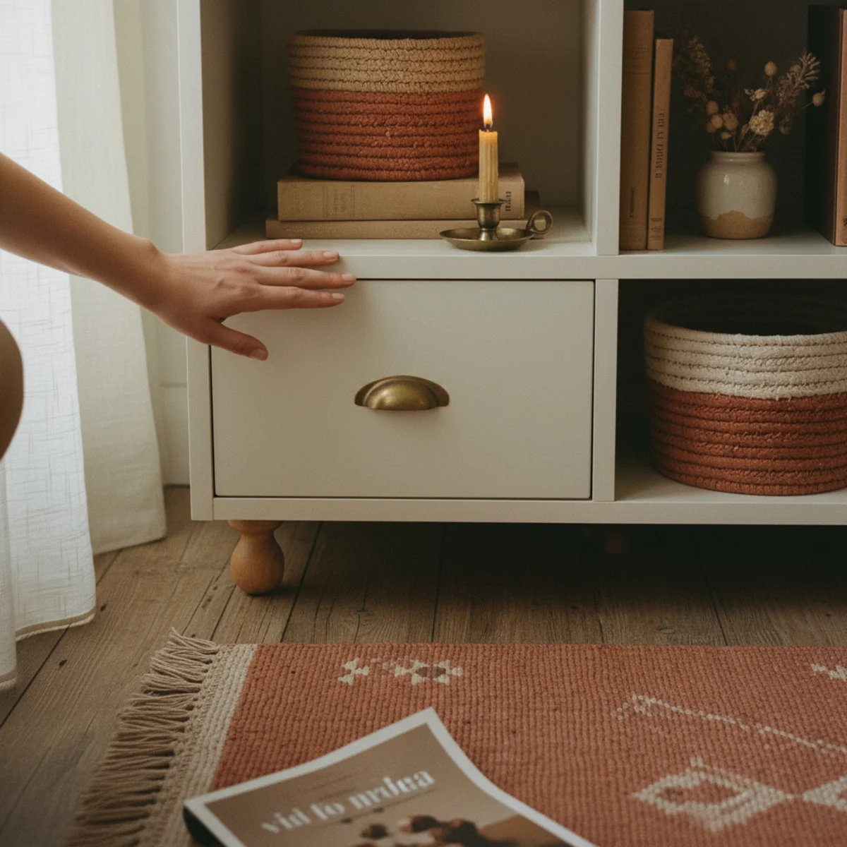 IKEA hacks cozy home — IKEA KALLAX cabinet lifted on tapered solid wood feet with visible floor underneath in a warm home — Home Decor Aura