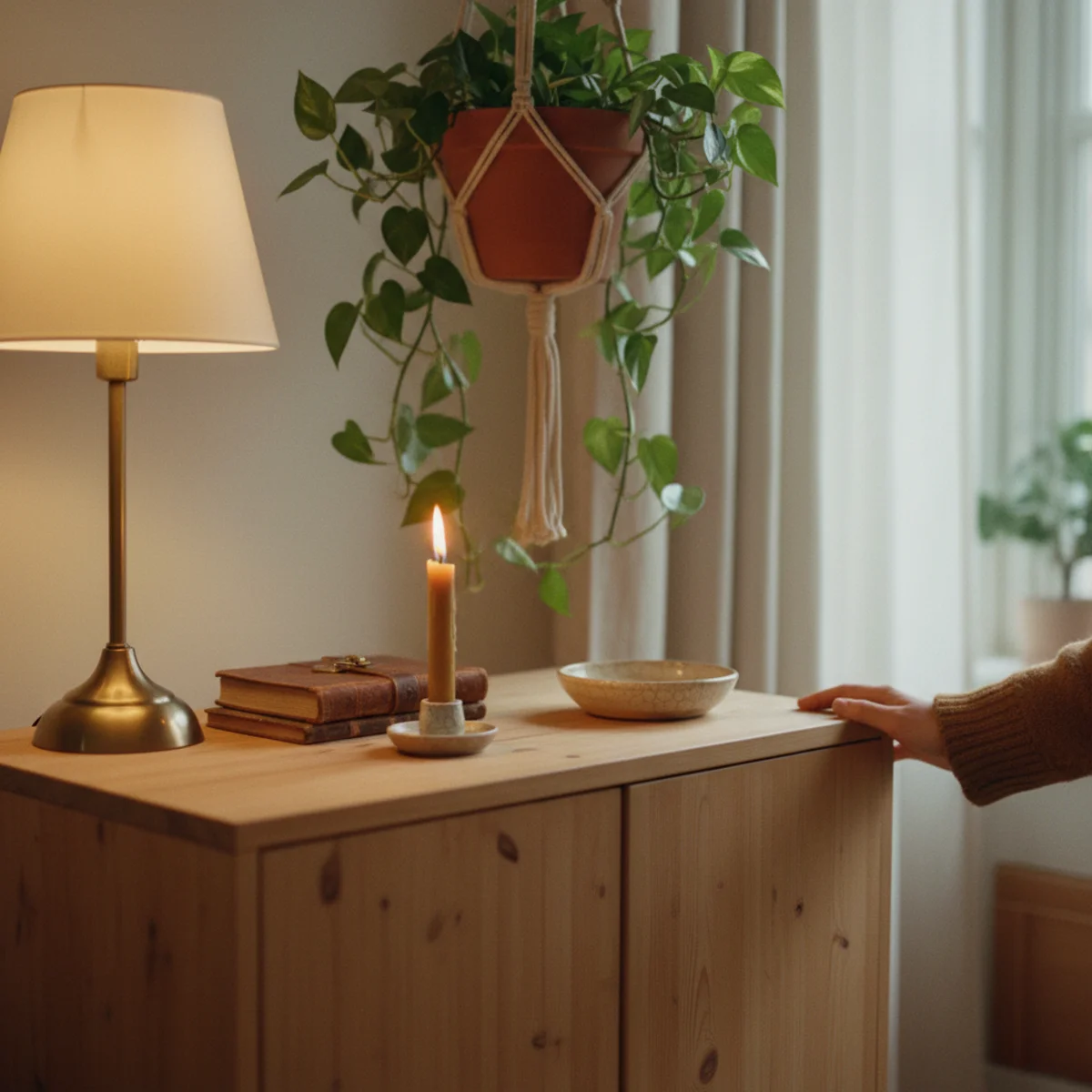 IKEA hacks cozy home — IKEA piece surrounded by tall plant, leaning framed art, woven basket, ceramic objects, and warm 2700K lamp creating warm-home composition — Home Decor Aura