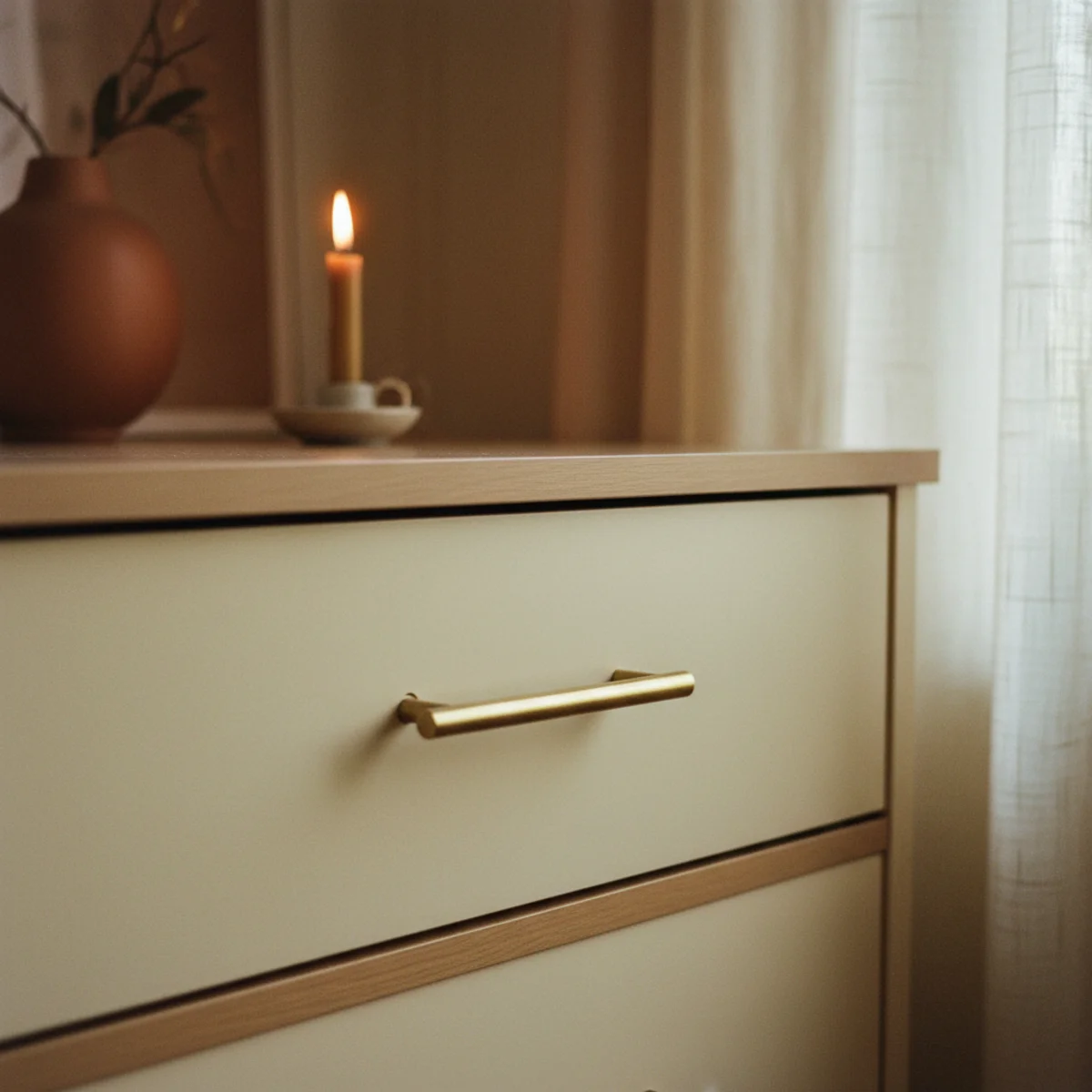IKEA hacks cozy home — aged brass knobs and pulls replacing original IKEA hardware on a MALM dresser in a warm home — Home Decor Aura